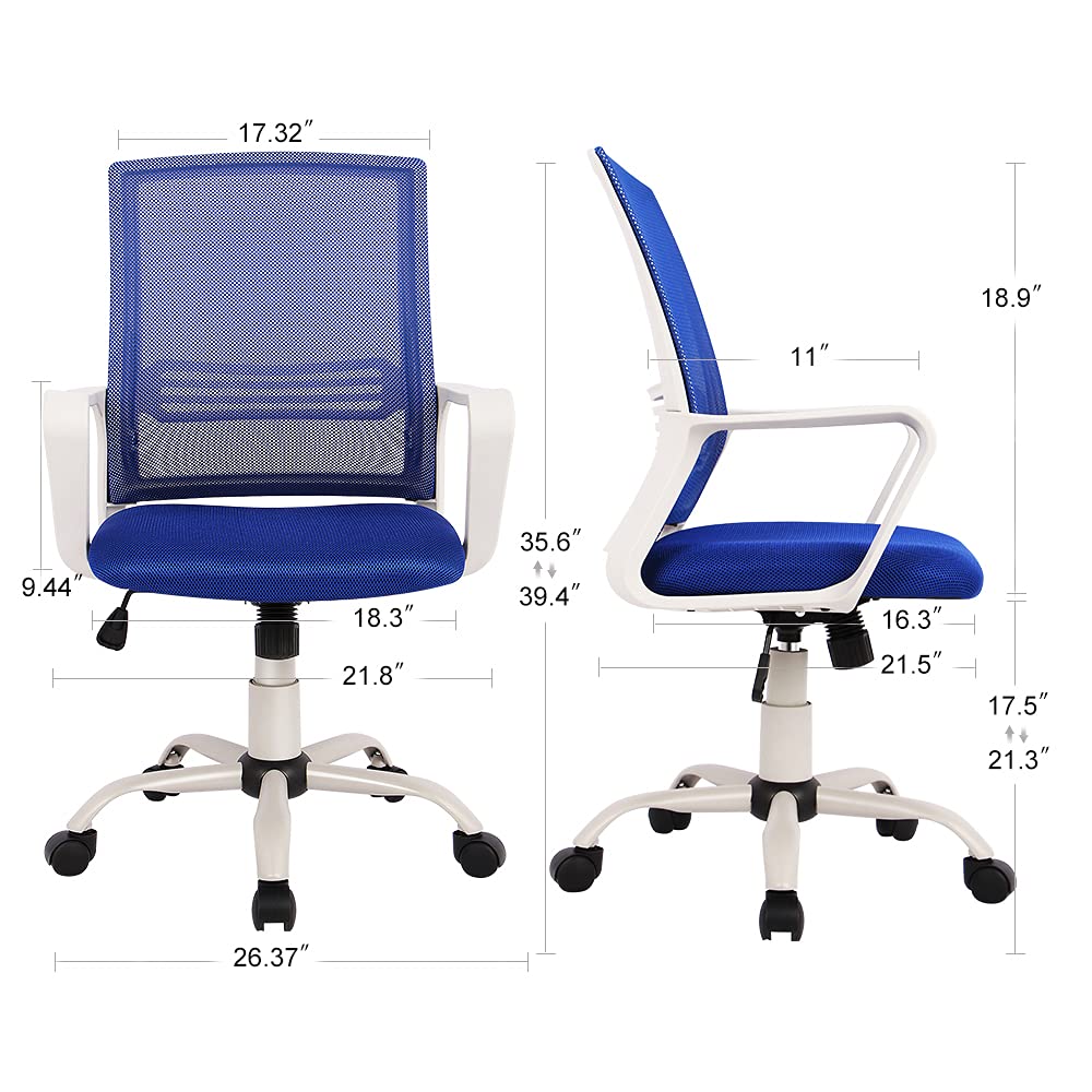 Ergonomic Office Chair with Lumbar Support - Adjustable Mesh Computer Desk Chair with Wheels & Arms for Home Office, Study, or Work - Mid Back Task Swivel Chair in Ocean Blue - Perfect for Long Hours of Comfortable Sitting & Productivity
