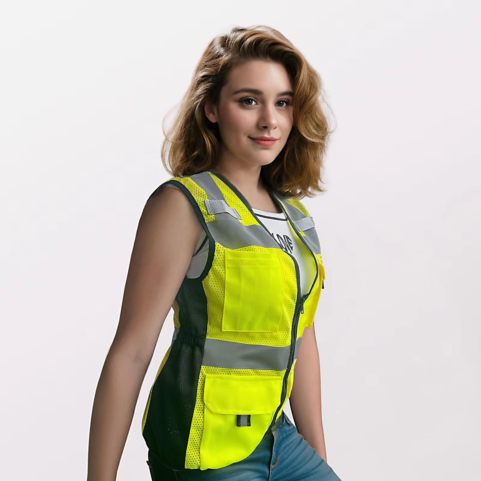 ANSI Compliant High Visibility Reflective Safety Vest for Women - 11 Pockets with Zipper, Mesh Work Vest for Surveyors, Workers & Drivers - Comfortable & Snug Fit (U-Yellow, Medium) - Perfect for Construction Sites, Road Work & Night Shifts