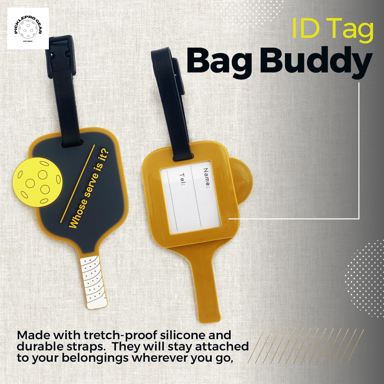 ID Tag Bag Buddy - Who's Serve is It? - Durable PVC Sports Luggage Tag with Funny Pickleball Sayings - Perfect Travel & Sports Accessory for Pickleball Players - Ideal for Gym Bags, Tennis Courts & Airports