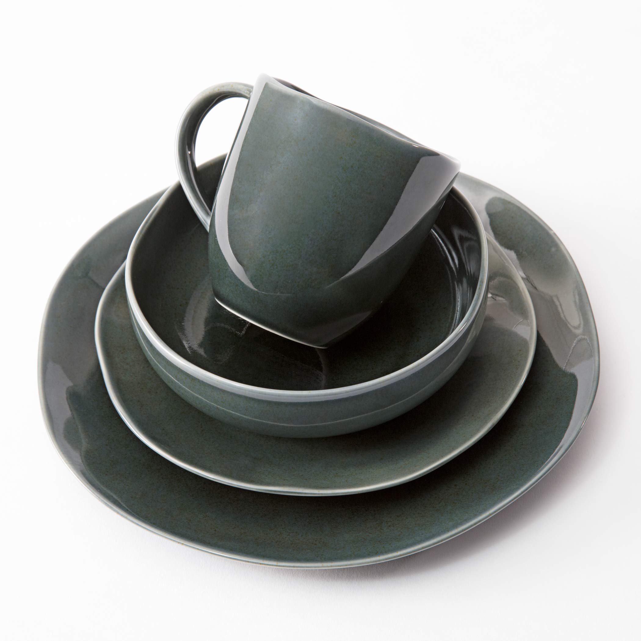 Scott Living Modern Classic 16-Piece Dinnerware Set - Service for 4 - Forest Green Porcelain Plates & Bowls - Elegant Dinnerware for Family Meals, Dinner Parties & Holiday Gatherings