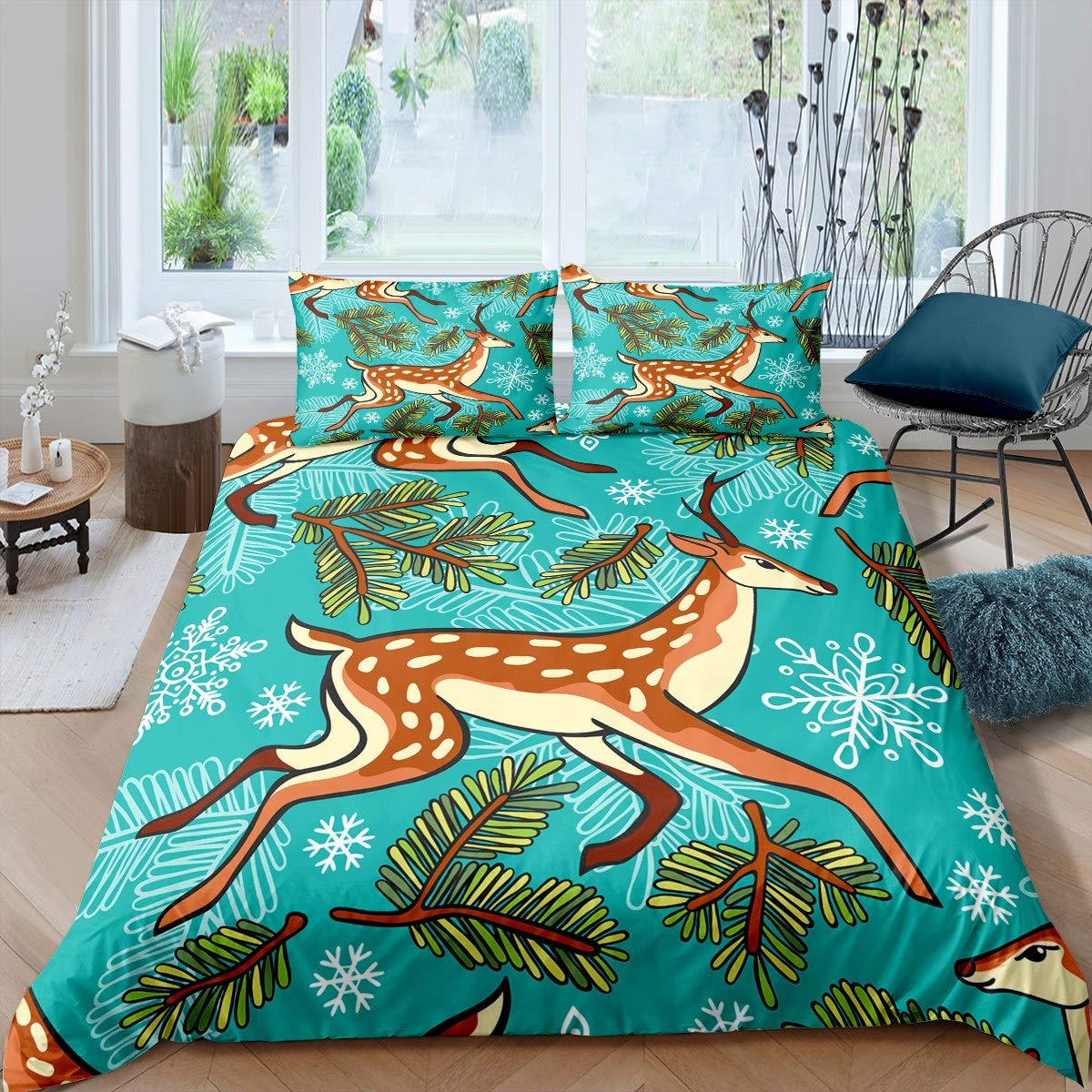 Feelyou Cute Deer Comforter Cover Set - Wild Animal Print Duvet Cover for Kids | Boys & Girls Bedding Set with Leaves & Snowflake Patterns | Twin Size 2-Piece Set | Perfect for Kids' Bedrooms, Nursery Decor & Cozy Winter Nights