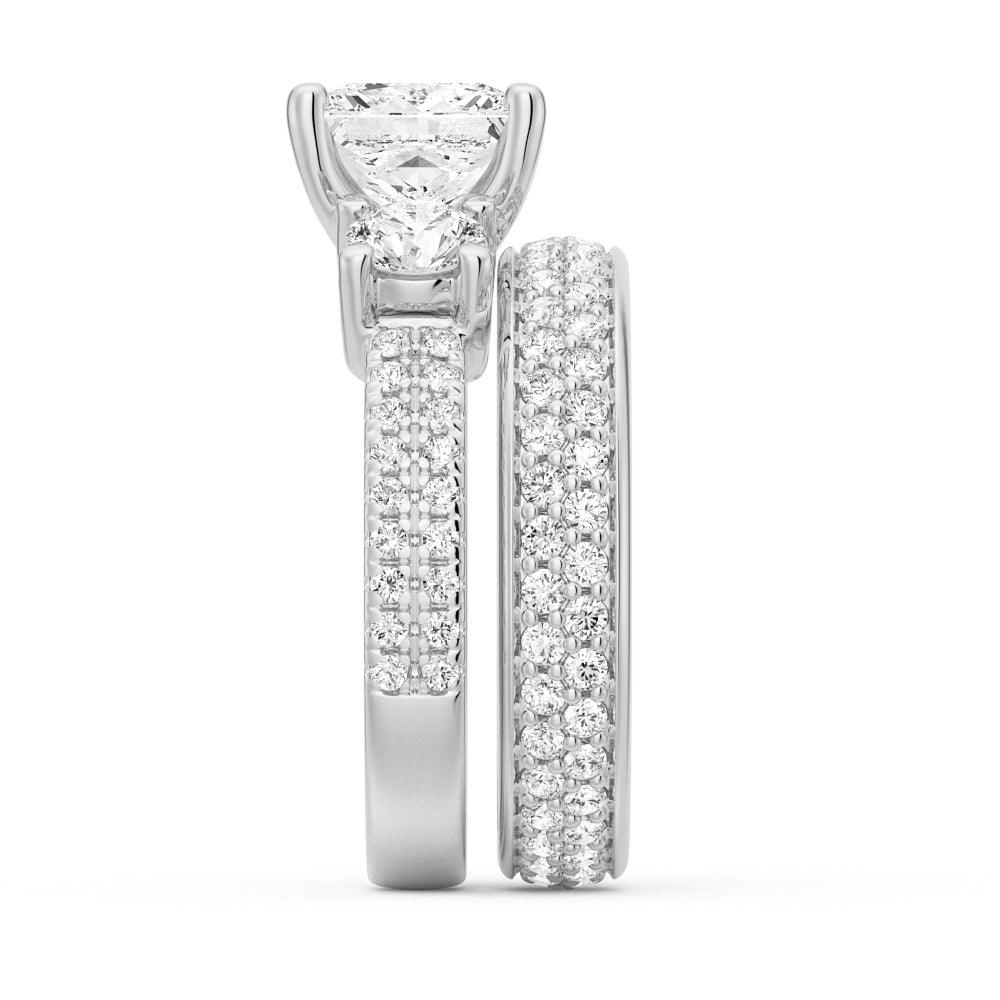 Double Row Pave Three Stone Princess Cut Moissanite Engagement Ring for Women - Elegant Wedding Proposal Jewelry Gift for Brides, Anniversaries & Special Occasions