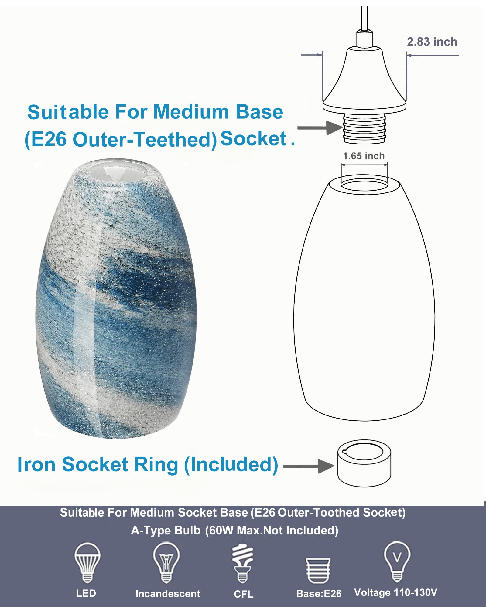 Vintage Grey Blue Art Glass Pendant Lamp Shade - Oval Glass Light Cover for Kitchen Island, Dining Room & Bar Counter Lighting Replacement - Dimmable Edison Bulb Compatible