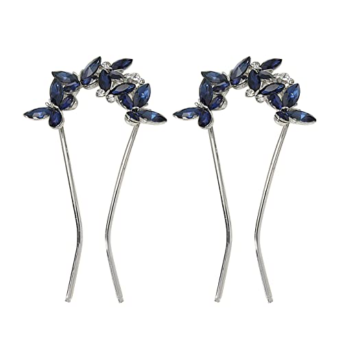 Elegant U-Shaped Rhinestone Butterfly Hair Comb - Vintage French Hair Fork with Crystal Flowers for Women & Girls (2 Pcs) | Wedding, Bridal, Party Hairstyle Accessories