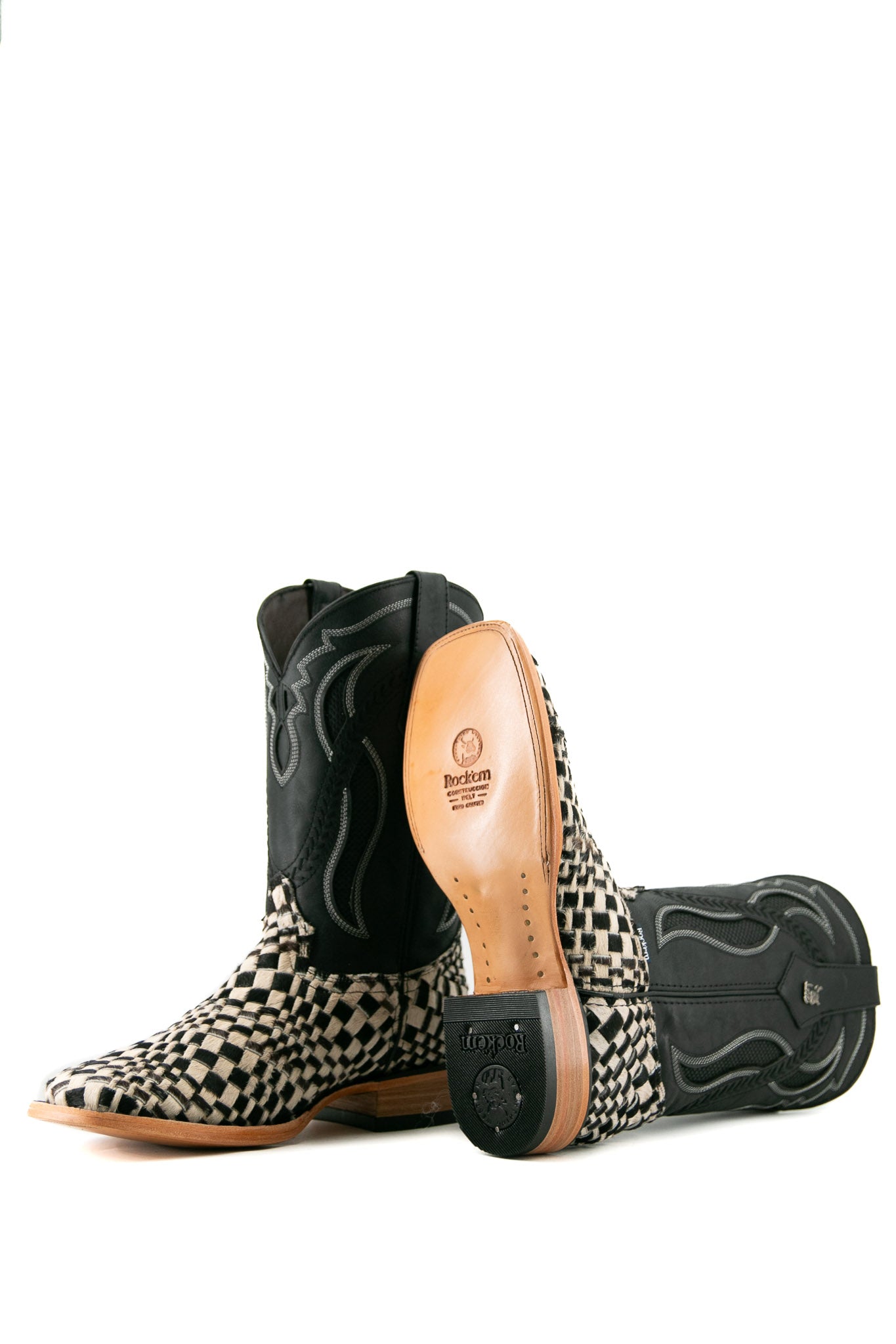 Rock'em Woven Cowhide Square Toe Cowboy Boots for Men - Western Style Leather Boots with Comfortable Fit - Perfect for Rodeo, Country Music Festivals & Casual Wear