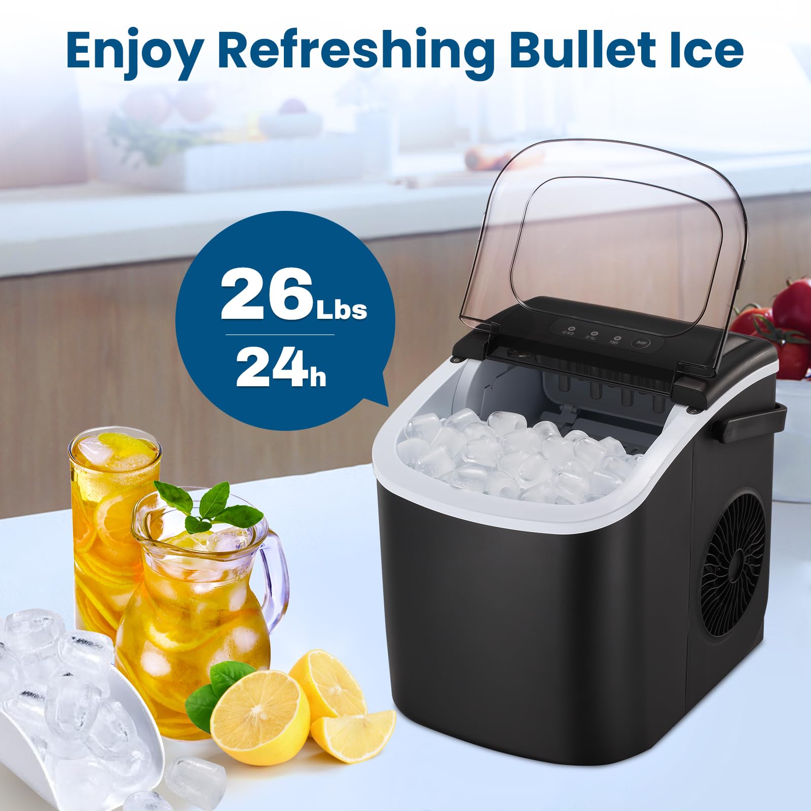Portable Countertop Ice Maker Machine - 26Lbs/24H Self-Cleaning with Ice Basket & Scoop - Compact Ice Maker for Home, Kitchen, Office, Bar & Parties (Black) | Perfect for Cocktails, Iced Coffee & Entertaining Guests