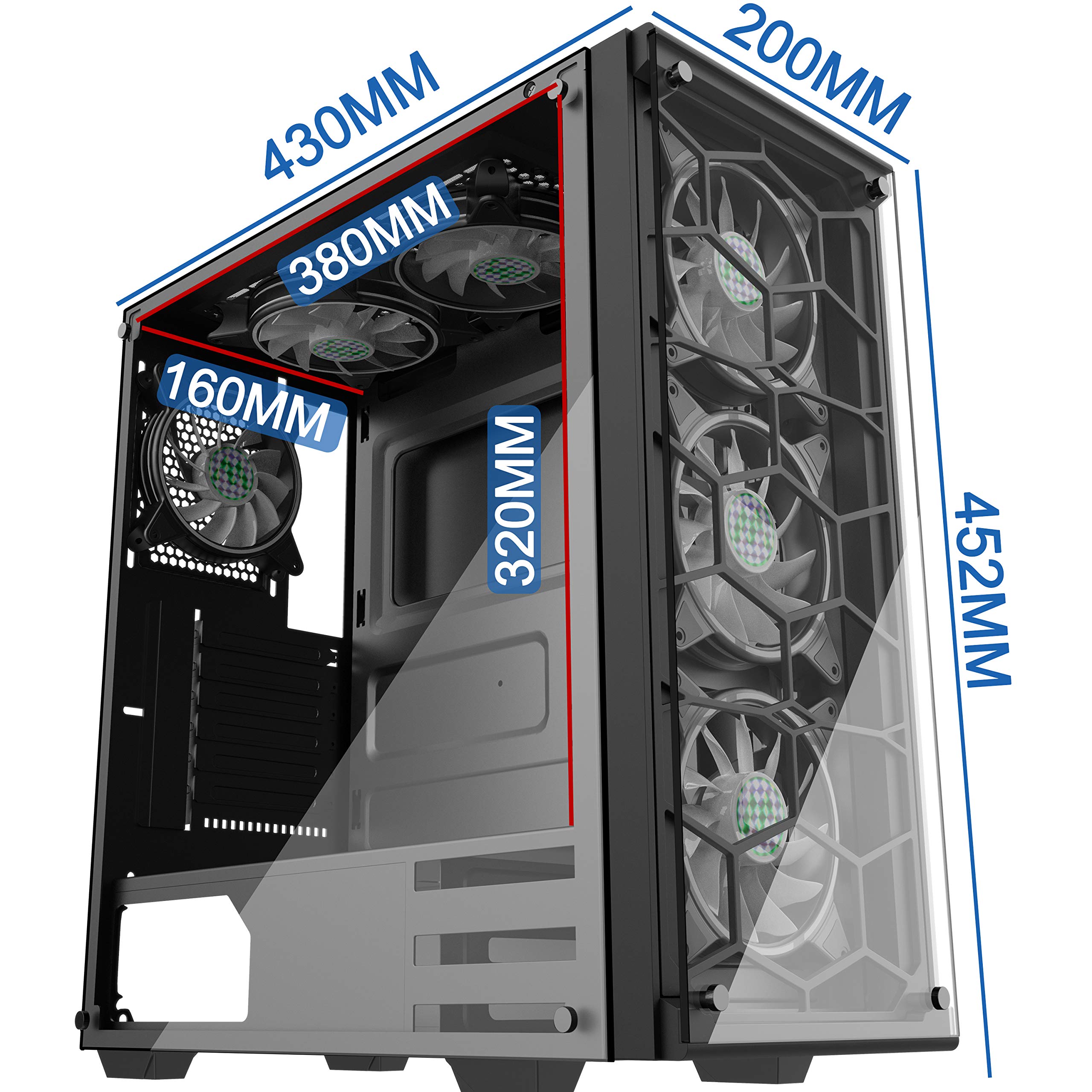 MUSETEX ATX Mid-Tower PC Case with 6 ARGB Fans, USB 3.0, Tempered Glass & Honeycomb Airflow - Phantom Black Gaming Computer Chassis 907-MS6 - Perfect for Gaming Rigs, Streaming Setups & High-Performance PCs