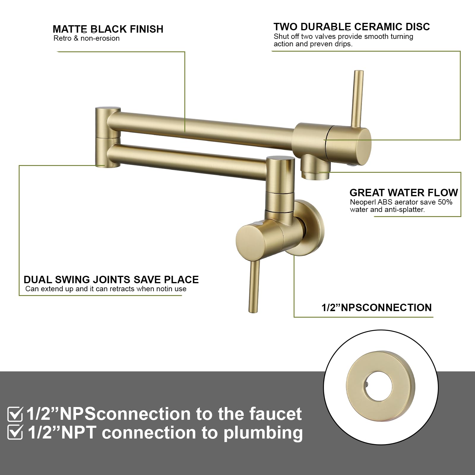 TRJIKAG Brushed Gold Kitchen Faucet with Dual Handles & Swing Arms - Commercial Brass Pot Filler for Sink and Stove - Ideal for Modern Kitchens and Cooking Stations