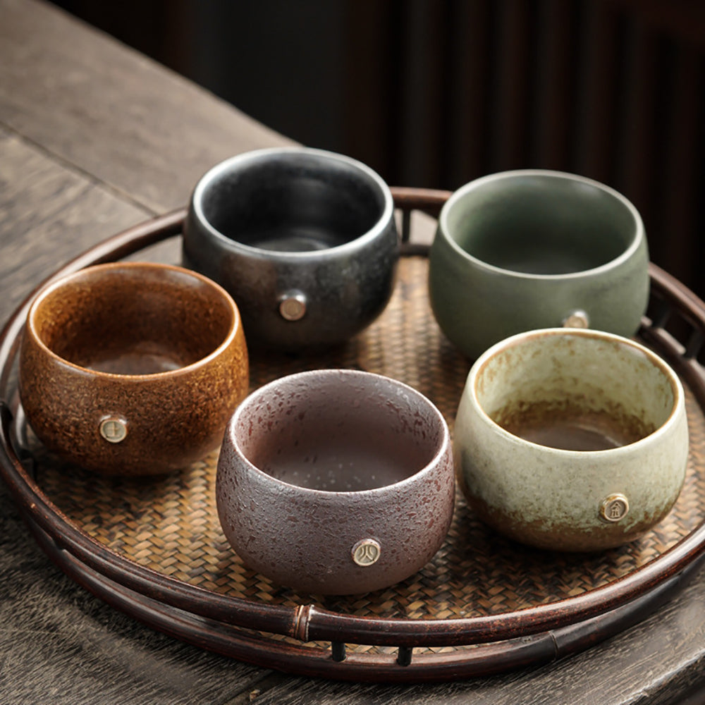 Handmade Coarse Pottery Kung Fu Tea Cup Set of 5 - Traditional Ceramic Tea Cups for Gongfu Tea Ceremony - Perfect for Chinese Tea Brewing, Home Decor & Gift Giving