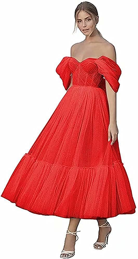 REVDRYE Women's Off The Shoulder Prom Dress - Tea Length Sweetheart Neckline Sleeveless Tulle Lace Applique Evening Gown for Homecoming, Wedding Guest, Cocktail Party & Special Occasions