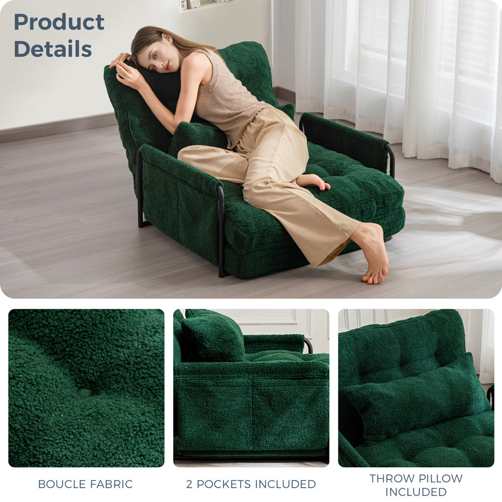 MAXYOYO Adjustable Floor Sofa Couch with Pillow - Boucle Convertible Lazy Sofa Sleeper Bed with Armrest, Single Seat Green - Perfect for Small Spaces, Living Room Lounging & Guest Bed