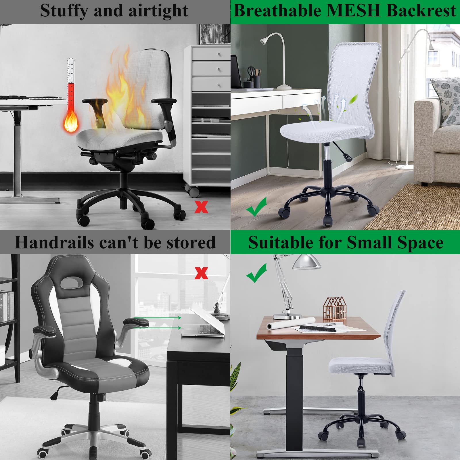 Ergonomic Mesh Office Chair - Modern Mid Back Rolling Swivel Computer Desk Chair with Breathable Fabric, Armless Design for Home & Office Use - Perfect for Long Hours of Work, Gaming, or Studying (White)