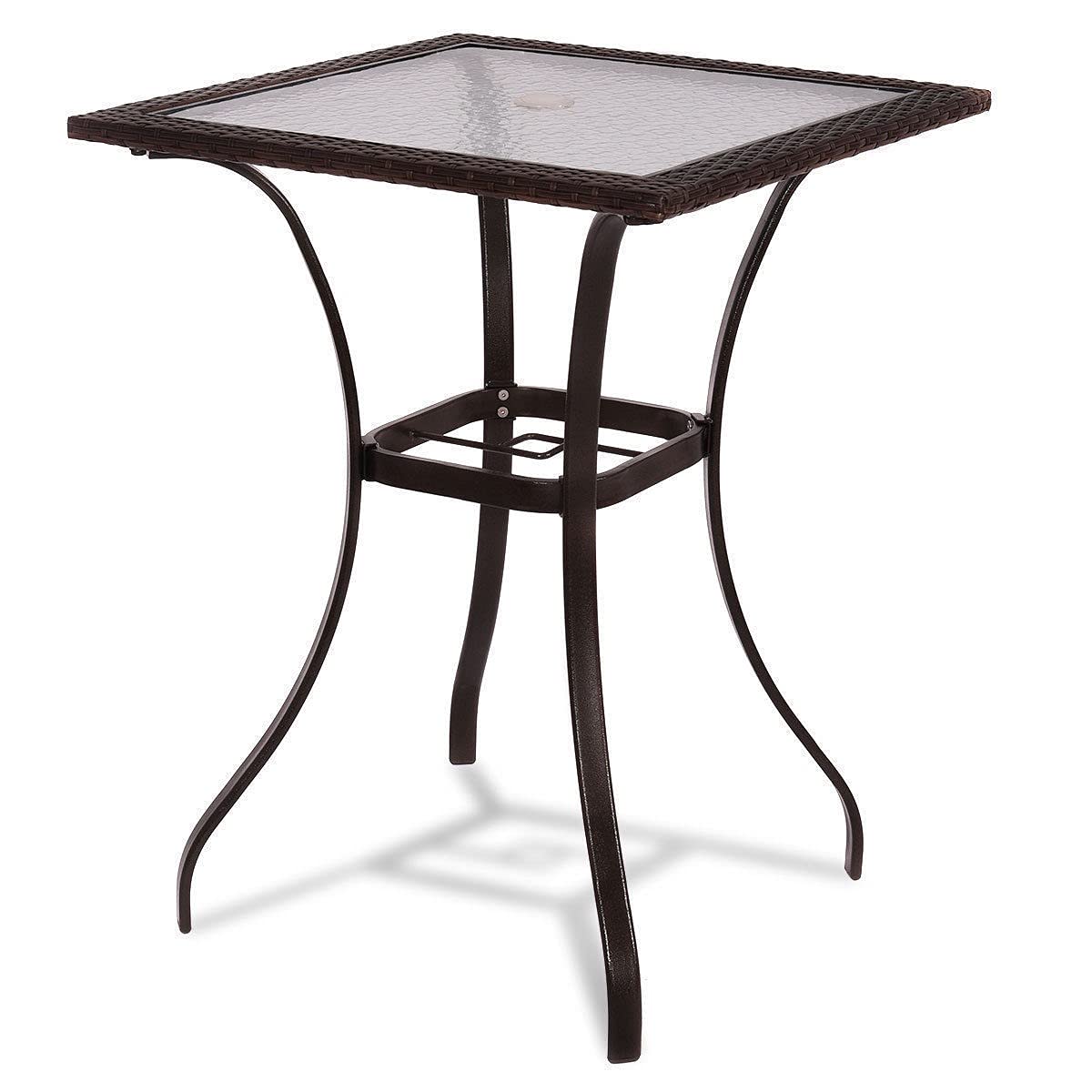 Premium Rattan Wicker Square Coffee Table with Tempered Glass Top & Umbrella Hole - Outdoor Patio, Garden, Poolside Furniture for Backyard, Lawn, or Indoor Decor - Perfect for Dining, Lounging & Entertaining