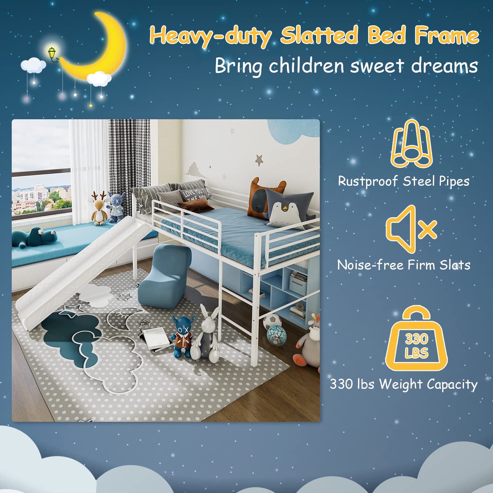 Giantex Twin Loft Bed with Slide - Sturdy Metal Low Bunk Bed with Safety Guardrails & Built-in Ladder - Kids Floor Bed Frame for Boys & Girls - No Box Spring Needed - White - Perfect for Small Bedrooms, Playrooms & Sleepovers