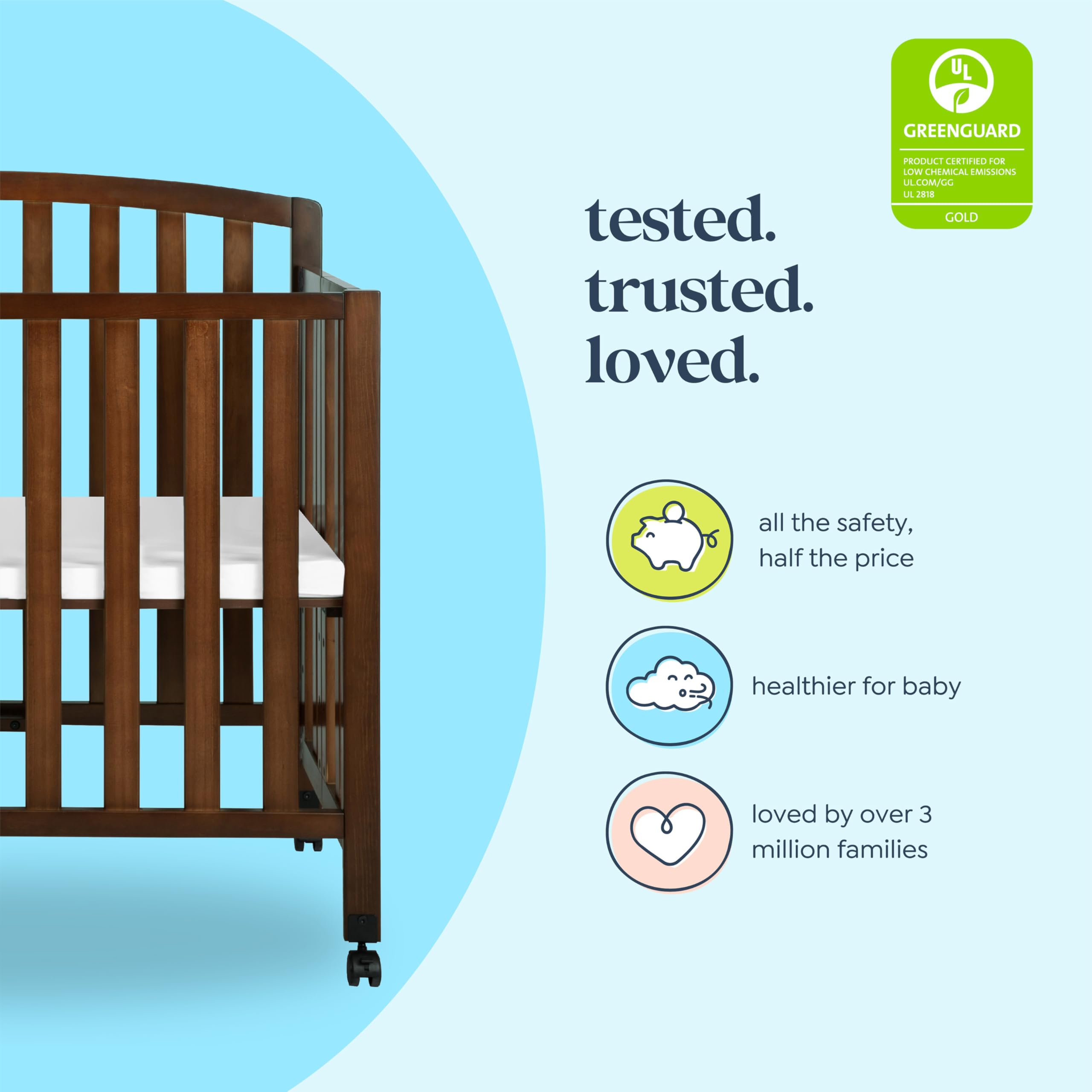 DaVinci Dylan 3-in-1 Portable Baby Crib with Wheels - Convertible Toddler Bed & Daybed - GREENGUARD Gold Certified Safe Nursery Furniture - 4 Adjustable Mattress Heights - Compact Design for Small Spaces - Easy Assembly - Espresso Finish - Ideal for Nursery, Bedroom, or Travel Use