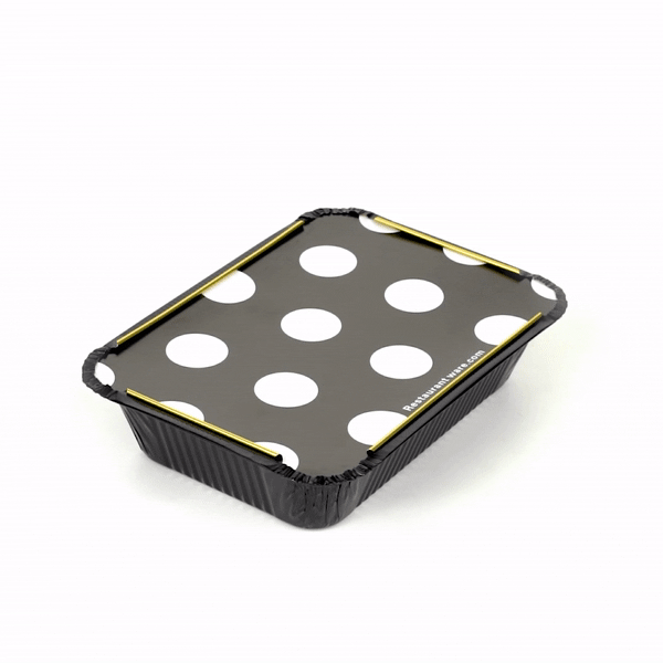16 oz Black & Gold Aluminum Takeout Containers with Polka Dot Paper Lids - 7.25