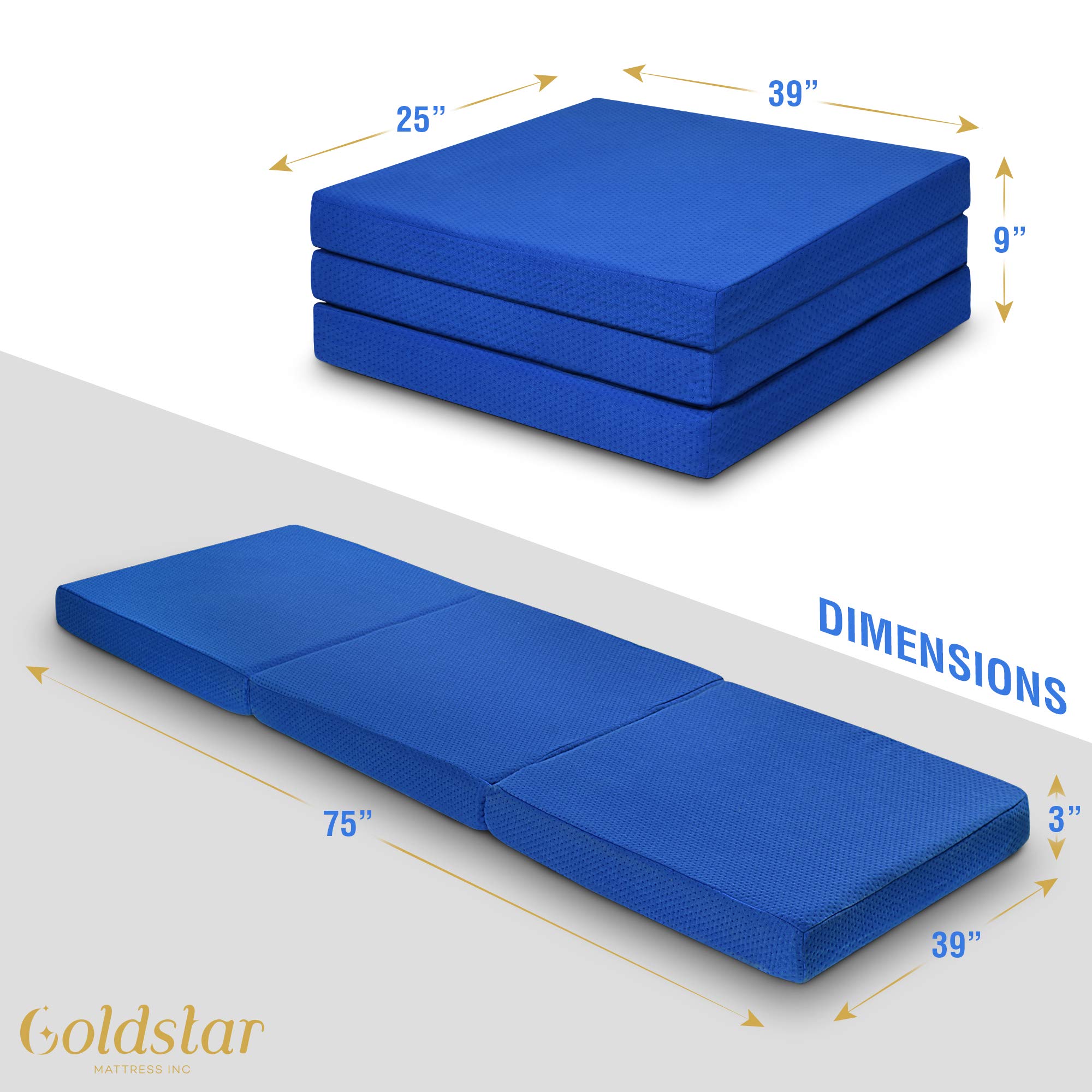 Gold Star Tri-Folding Gel Memory Foam Mattress - 3-Inch Cooling Mattress Topper for Beds, Cots & Guest Rooms - 39 x 75 Inches Portable Floor Mattress with Washable Cover | Perfect for Camping, Sleepovers & Temporary Guest Accommodations
