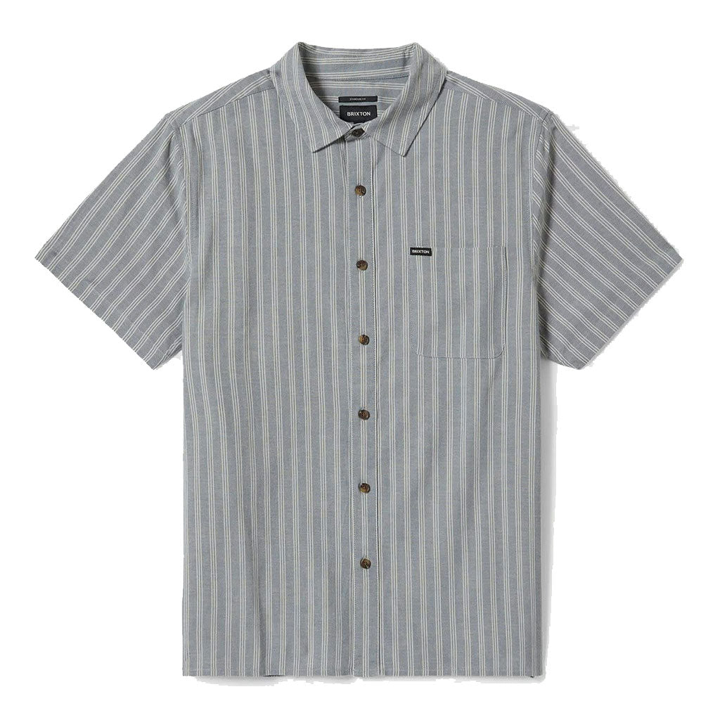 Brixton CRU Oxford Stripe Short Sleeve Woven Shirt - Basalt Blue & White Cap Stripe for Casual Wear & Summer Outfits