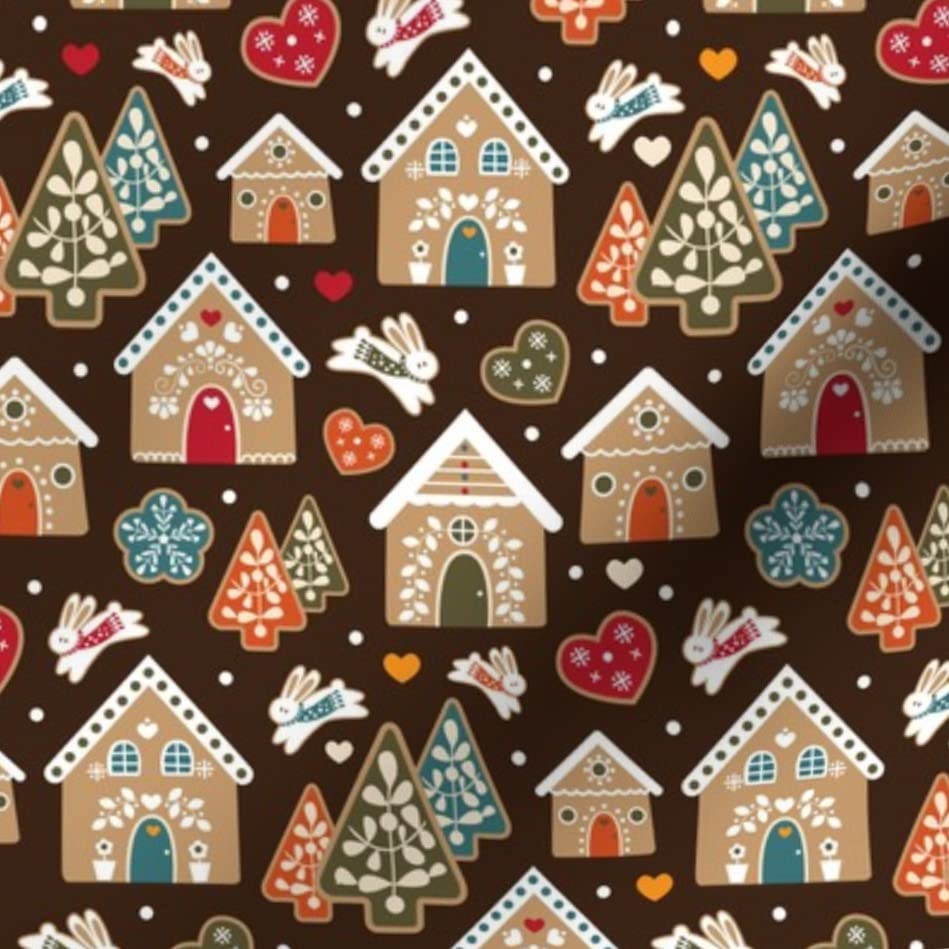 Gingerbread Town Printed Satin Fabric by The Yard - White Green Red Brown Orange Hearts Cookies Design for Sewing, Apparel, Lining, Blankets & Home Decor | Perfect for Christmas Crafts, DIY Projects & Holiday Decorations
