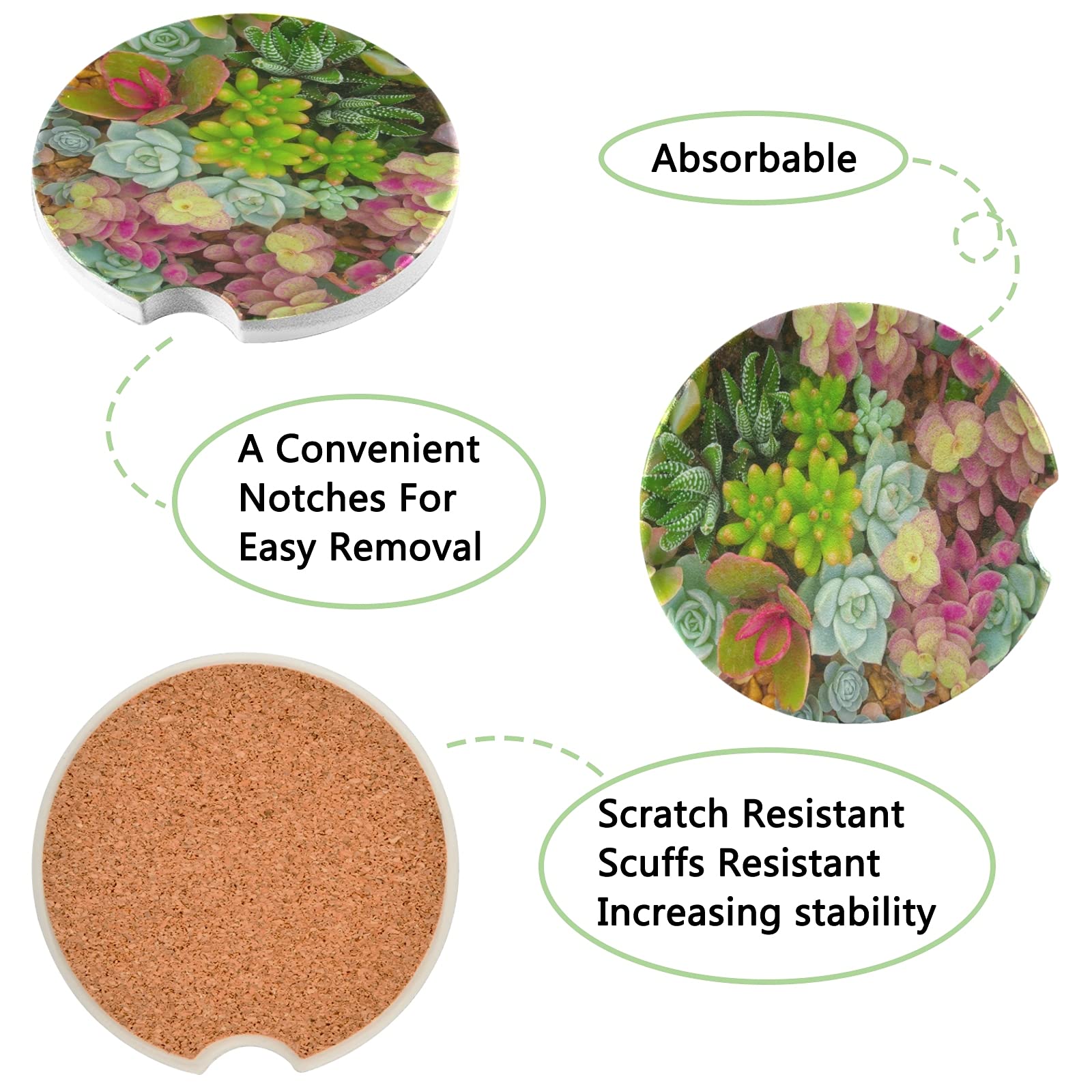 2 Pack Miniature Succulents Car Coasters - Absorbent Ceramic Cup Holder Coasters with Fingertip Grip, 2.5 Inch - Perfect for Cars, Trucks, and RVs