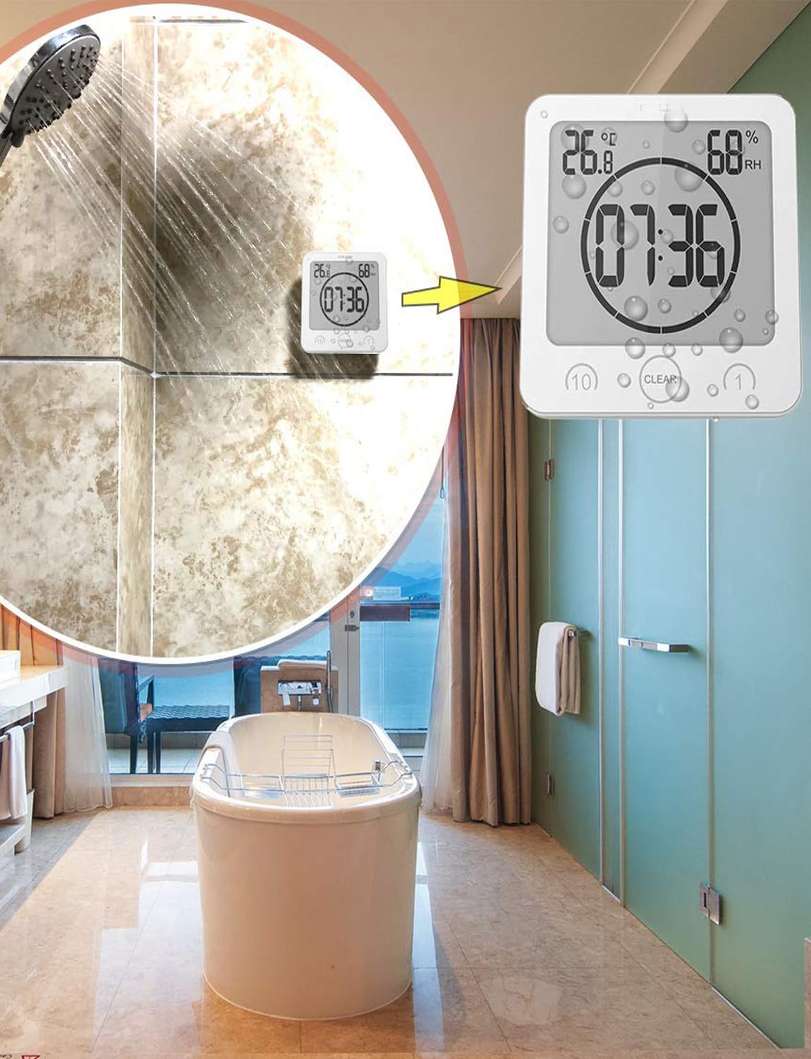Waterproof Digital Shower Clock with Temperature & Humidity Display - Large LCD Touch Screen Wall Clock with Suction Cup & Timer - Perfect for Bathroom, Indoor Countertop, Spa & Home Decor (White)