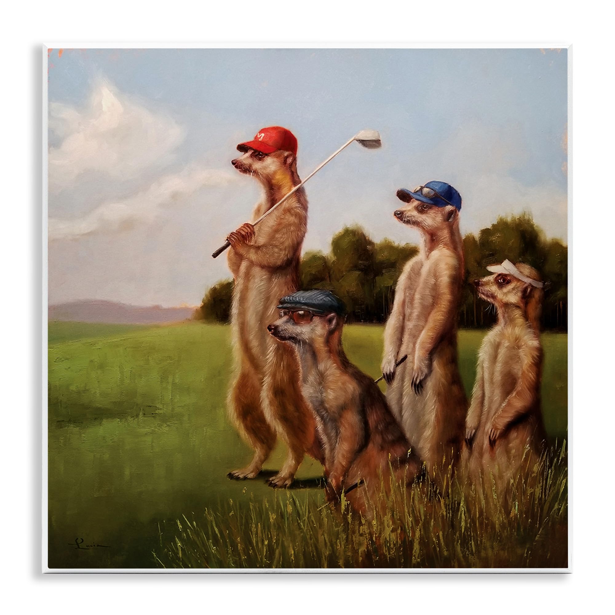 Stupell Industries Meerkats Playing Golf in Hats & Sunglasses Wall Art Plaque - 12x12 Inch Multi-Color Painting - Perfect for Home Decor, Office & Golf Lover Gifts