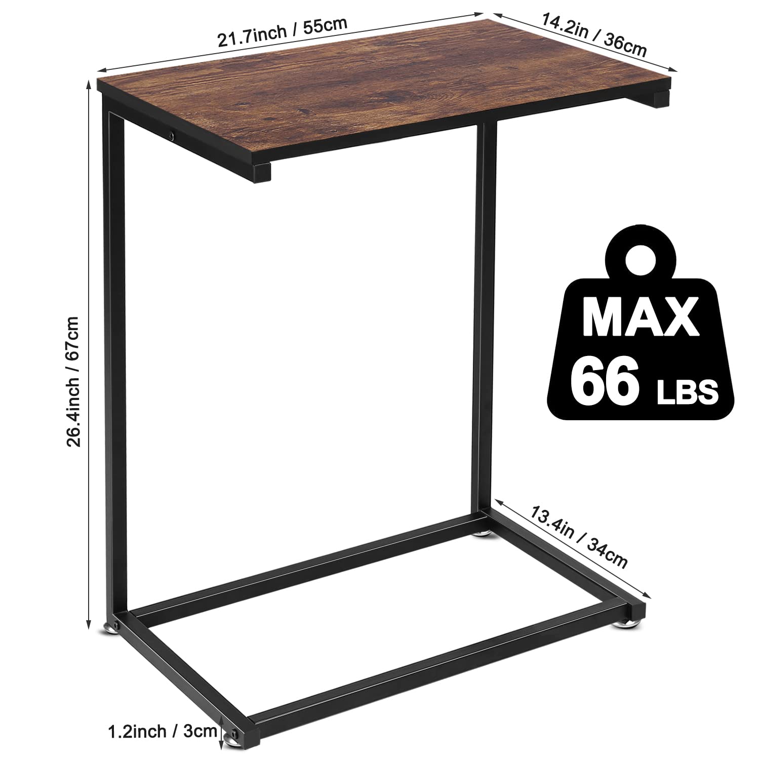 Modern C-Shaped Side Table with Metal Frame & Wood Top - Rustic Brown End Table for Laptop, Coffee & Snacks - Perfect for Living Room, Bedroom & Small Spaces - Ideal as Couch Table, Nightstand or Home Office Accent