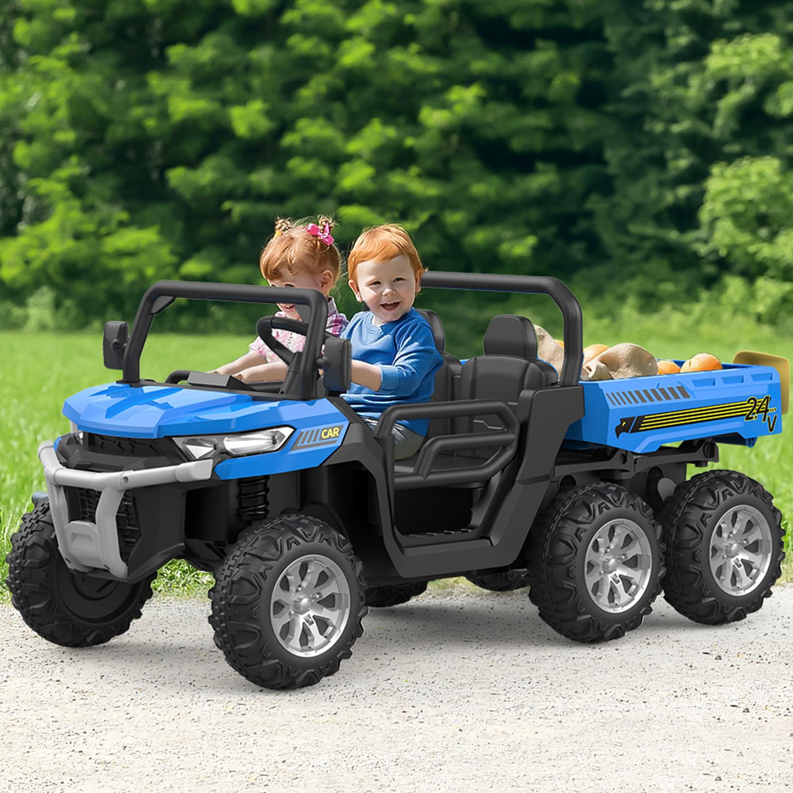 Hetoy 24V 2 Seater Electric Ride On Dump Truck with Remote Control - 4WD Power UTV Car with Dump Bed & 6 Wheels - Kids Ride On Toys for Boys & Girls - Perfect for Outdoor Play, Construction Pretend Play & Backyard Adventures