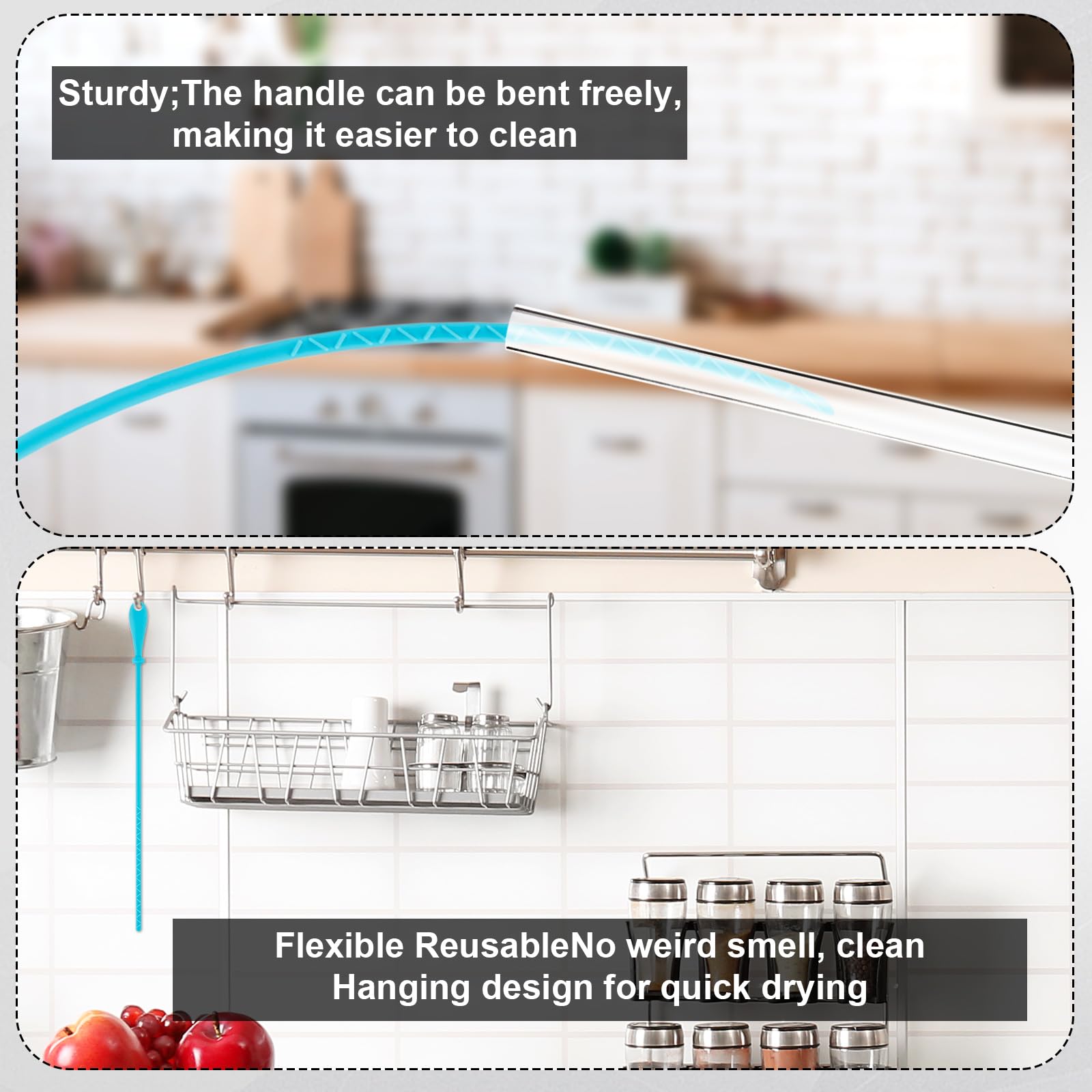 2-Pack Extra Long Silicone Straw Brush (9.45 Inch) - Reusable Water Bottle & Pipe Cleaner with Durable Bristles | Perfect for Cleaning Straws, Narrow Bottles, Baby Bottles & Kitchen Utensils (Blue)