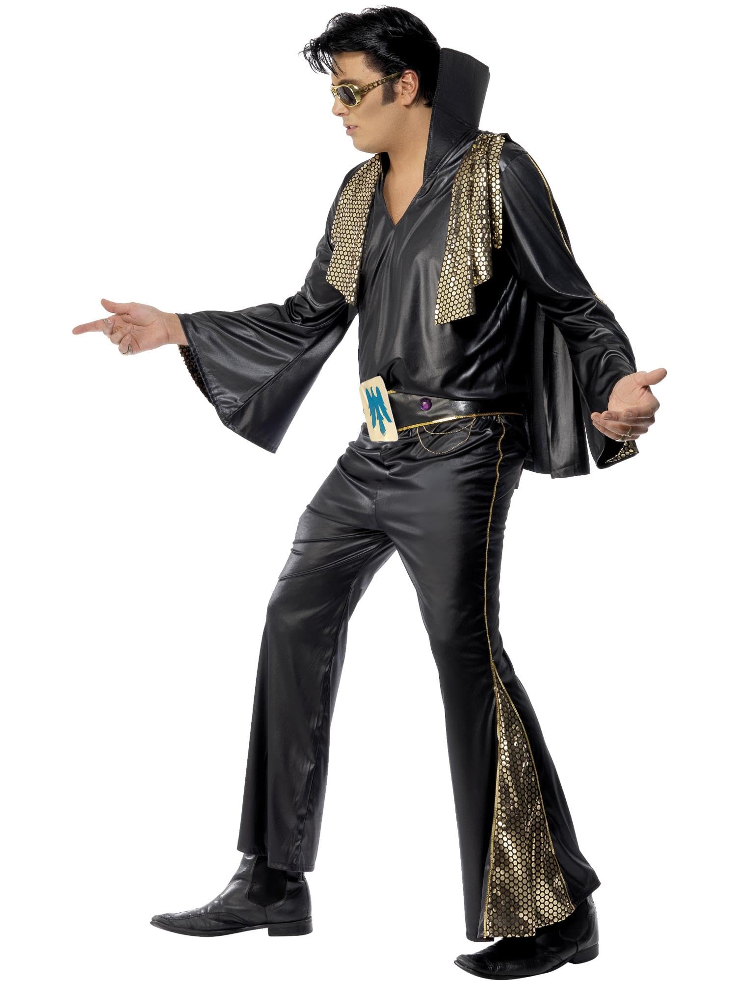 Smiffys Official Elvis Presley Costume for Adults - Black & Gold Shirt, Flared Pants, Cape & Belt Set | Licensed Music-Themed Fancy Dress Outfit for Halloween, Cosplay & Theme Parties