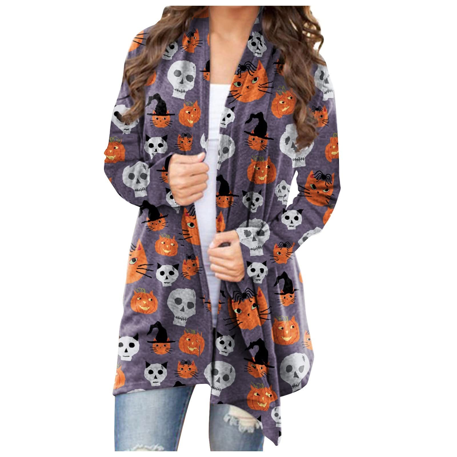 Women's Halloween Cardigan - Casual Buttonless Blouse with Pumpkin Cat Print, Long Sleeve Fall Top | Perfect for Halloween Parties, Autumn Layering & Cozy Seasonal Outfits