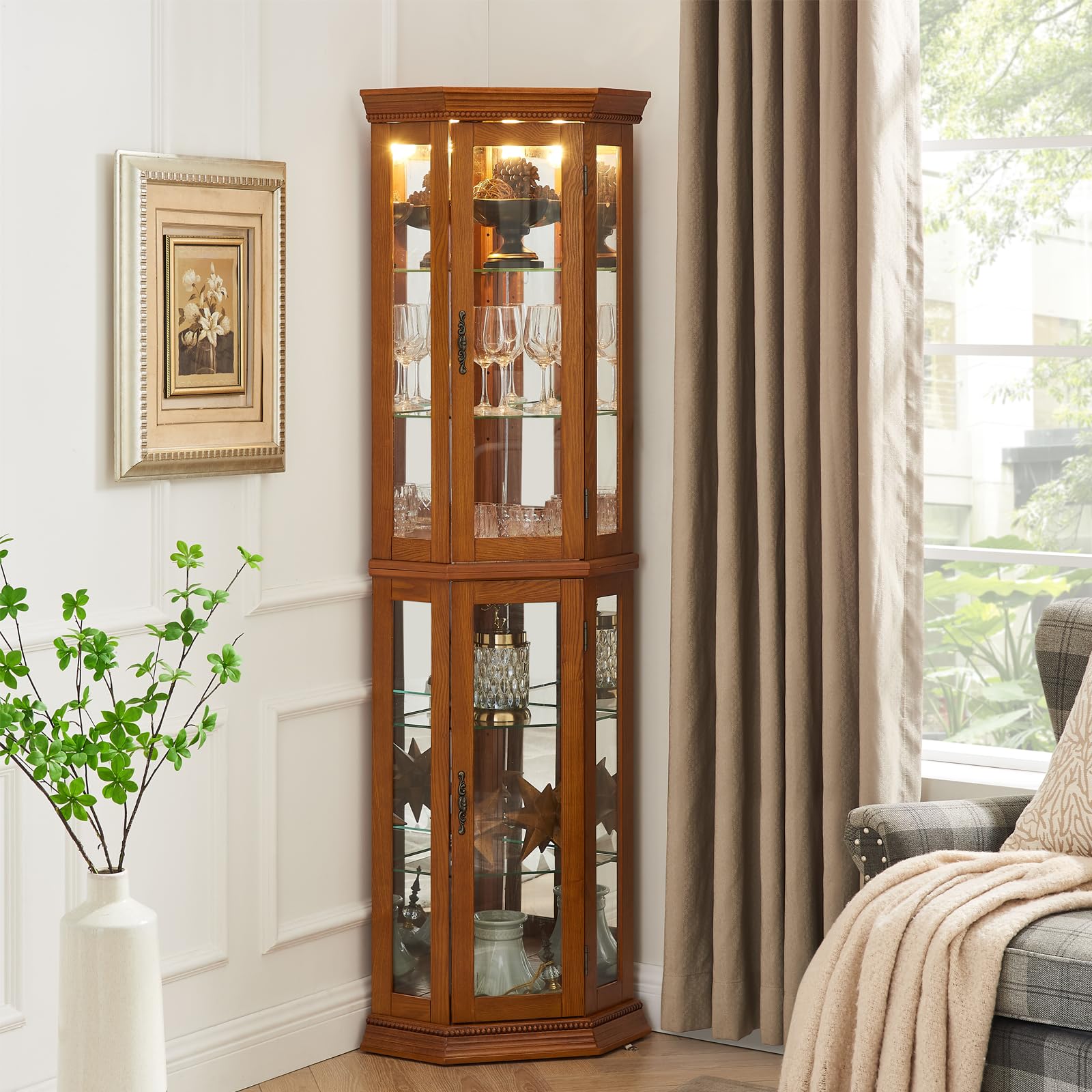 Lighted Corner Display Curio Cabinet - Wooden Curved Shelving Unit with Tempered Glass Door & Adjustable Shelves, Bar and Liquor Storage - Oak Display Cabinet for Living Room, Dining Room or Office Decor