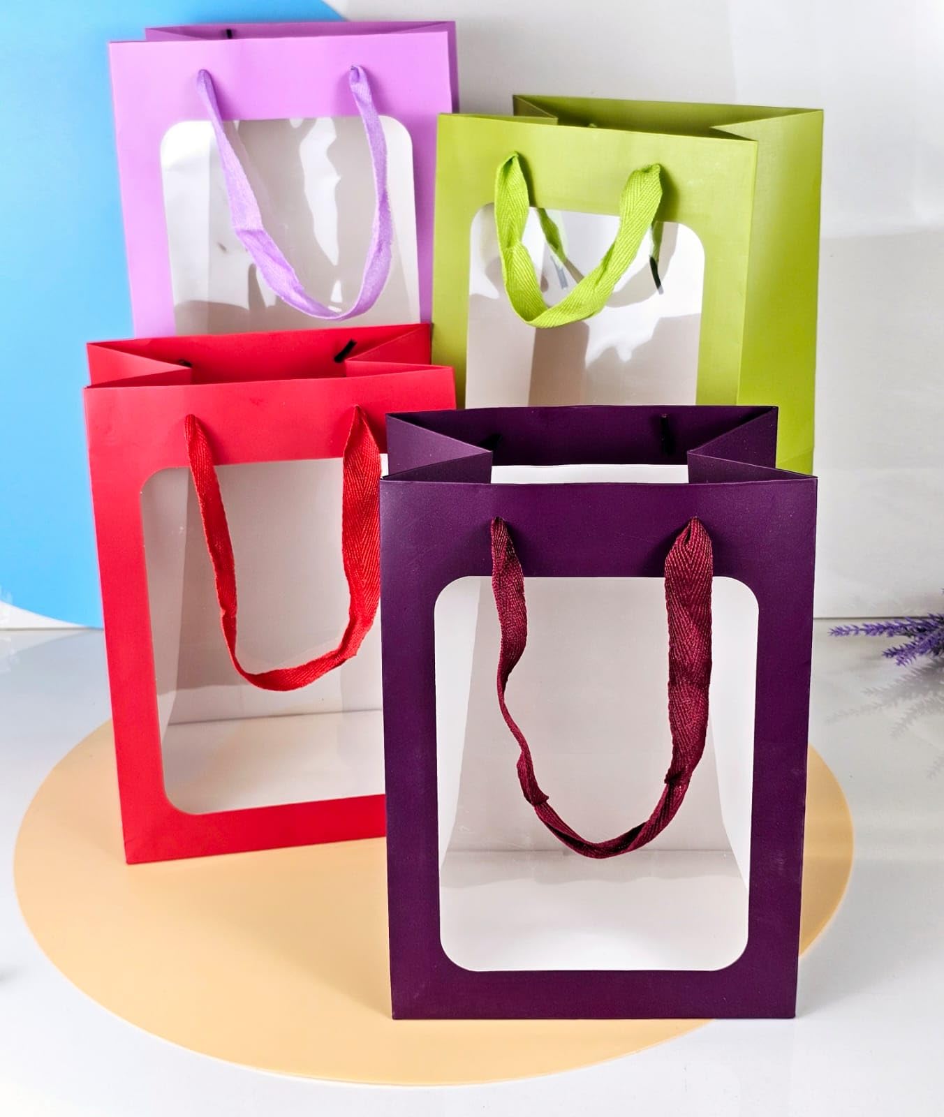 4 Pack SATYAM KRAFT Clear Window Gift Bags with Handles - Reusable Shopping Bags for Valentine's Day, Birthday, Wedding, Christmas & Party Favors - Perfect for Gifting, Events & Holiday Presents