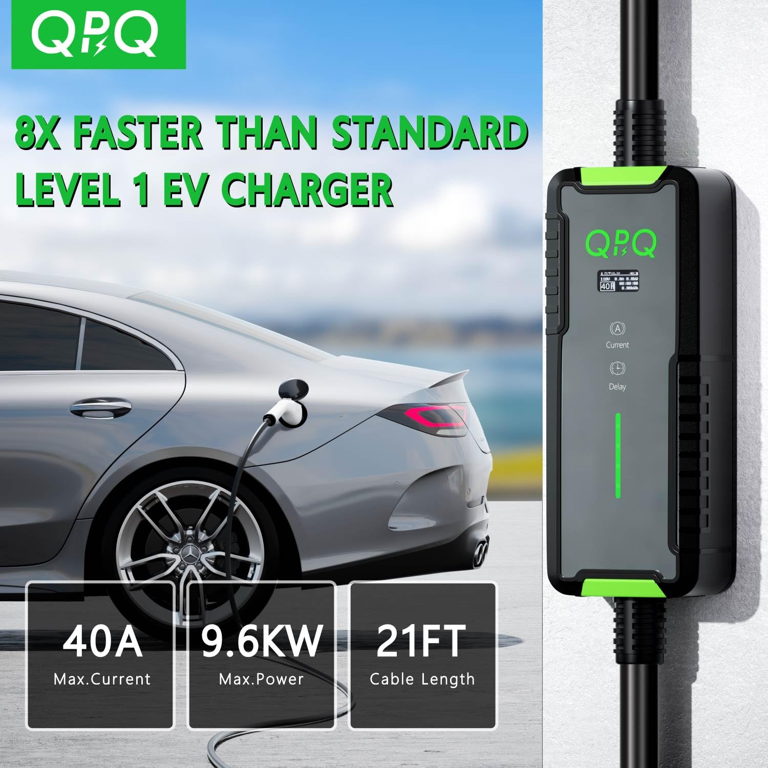 QPQ Level 2 EV Charger 40A 240V - Portable Electric Vehicle Charging Station with Adjustable Current & Timer, J1772 Plug & 21ft Cable (NEMA 14-50) - Fast Home & Travel Charging for Tesla, Chevy, Nissan EVs