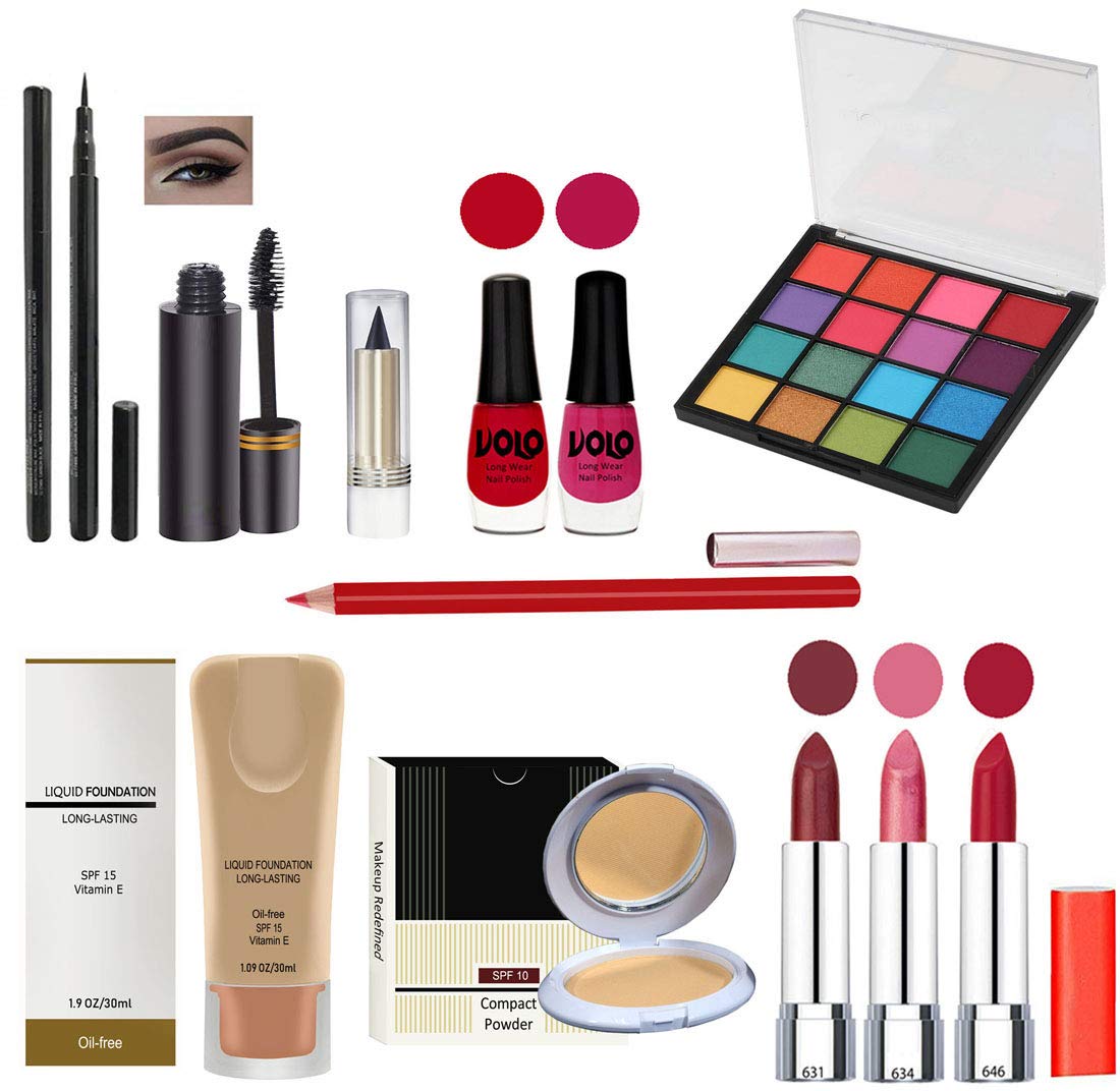 G4U All-in-One Makeup Kit for Women - 12 Piece Set with 3 Lipsticks, Eyeliner, Mascara, Kajal, 2 Nail Polishes, 16 Color Eyeshadow Palette, Foundation, Compact Powder & Lipliner | Perfect for Everyday Makeup, Parties, Weddings & Professional Use