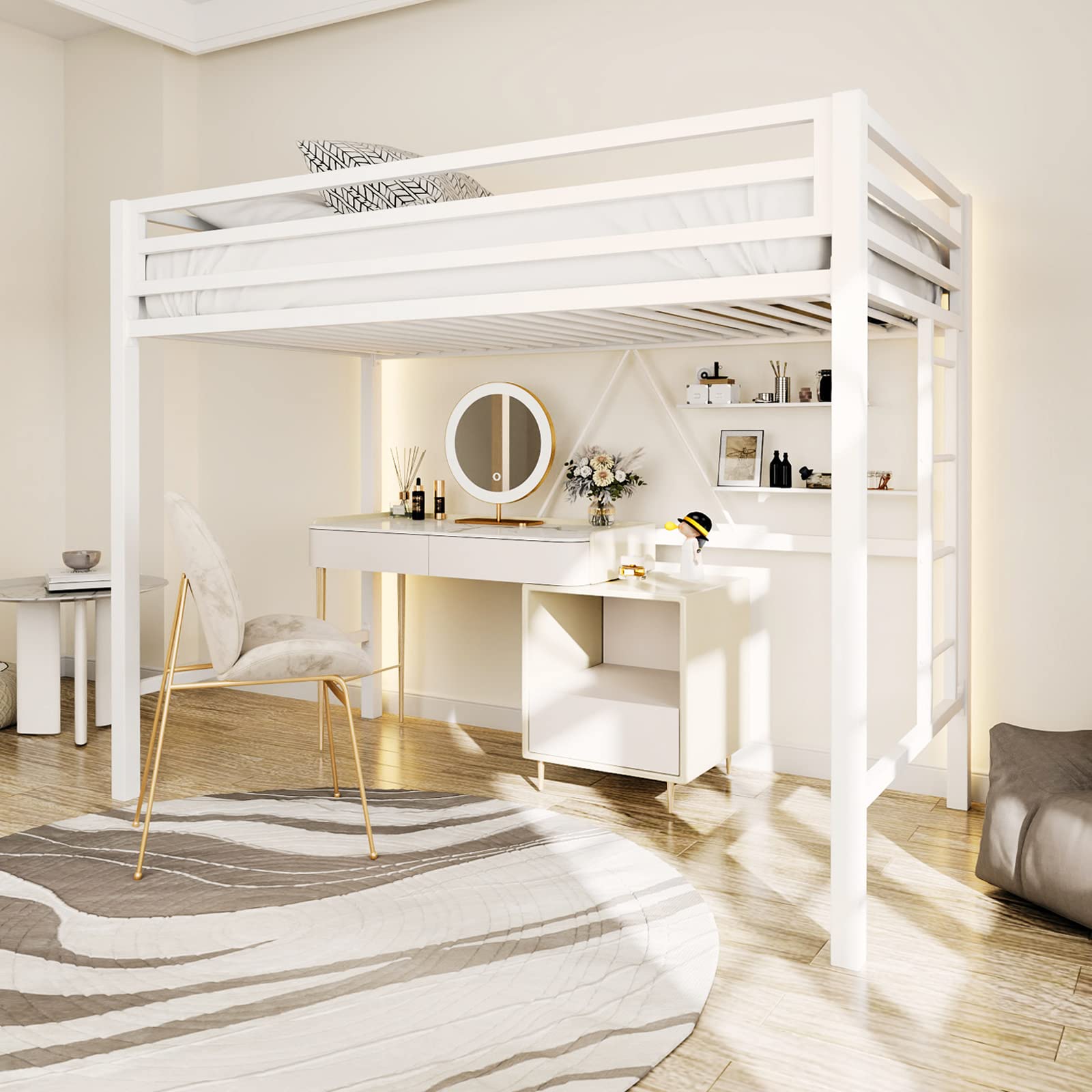 ikalido Twin Size Metal Loft Bed with Safety Guardrail & Ladder - Space Saving Bedroom Furniture, No Box Spring Needed, Cream White - Perfect for Kids Rooms, Dorms & Small Apartments