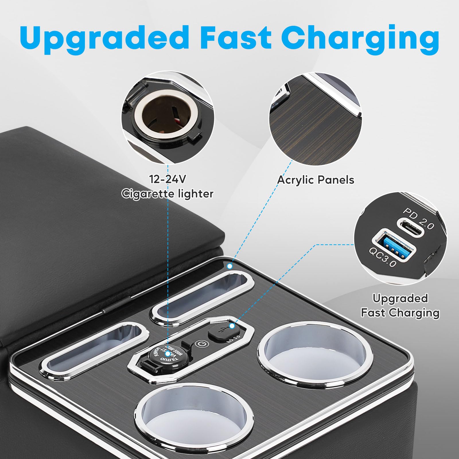 Universal Car Bench Seat Center Console Organizer with Fast Wireless Charging & 7-Color Adjustable LED Lights - Black | Perfect for Road Trips, Camping & SUV Organization