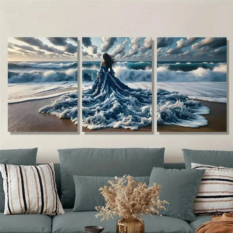 3-Piece Ocean Beach Fantasy Style Mural Metal Print Wall Art - Ready to Hang Coastal Decor for Living Room, Bedroom, or Office