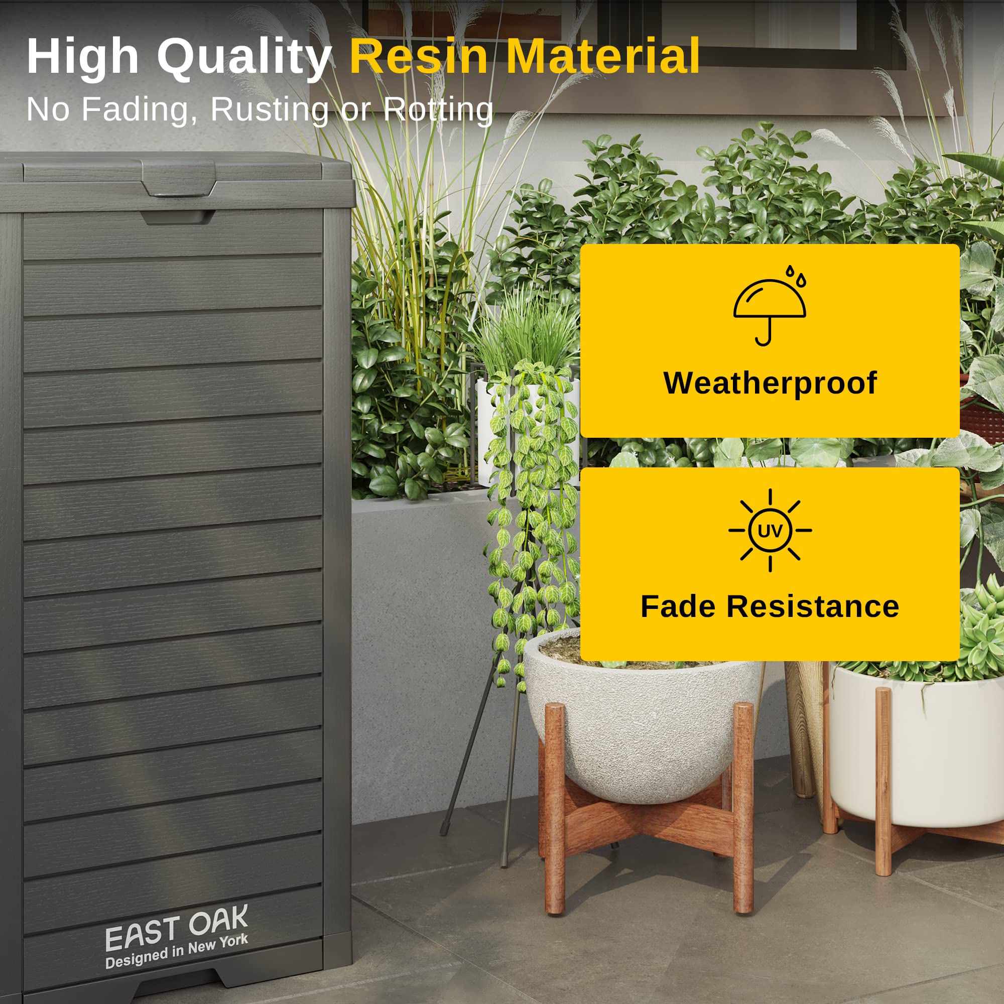 EAST OAK 38 Gallon Outdoor Waterproof Resin Trash Can with Tiered Lid & Drip Tray - Heavy Duty Garbage Bin for Patio, Backyard, Deck & Kitchen - Gray Outdoor Trash Container for Waste Disposal & Recycling