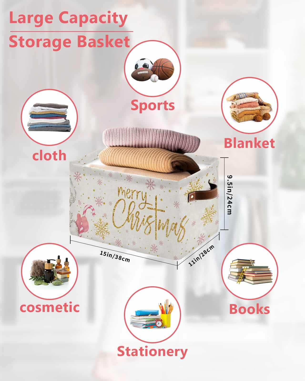 Large Pink Santa Claus Christmas Snowflakes Collapsible Storage Bins with Handles - Winter Snow Seamless Storage Baskets Cube Organizer for Shelves, Closet, Nursery | Perfect for Holiday Decor Storage, Kids' Toy Organization & Seasonal Home Organization