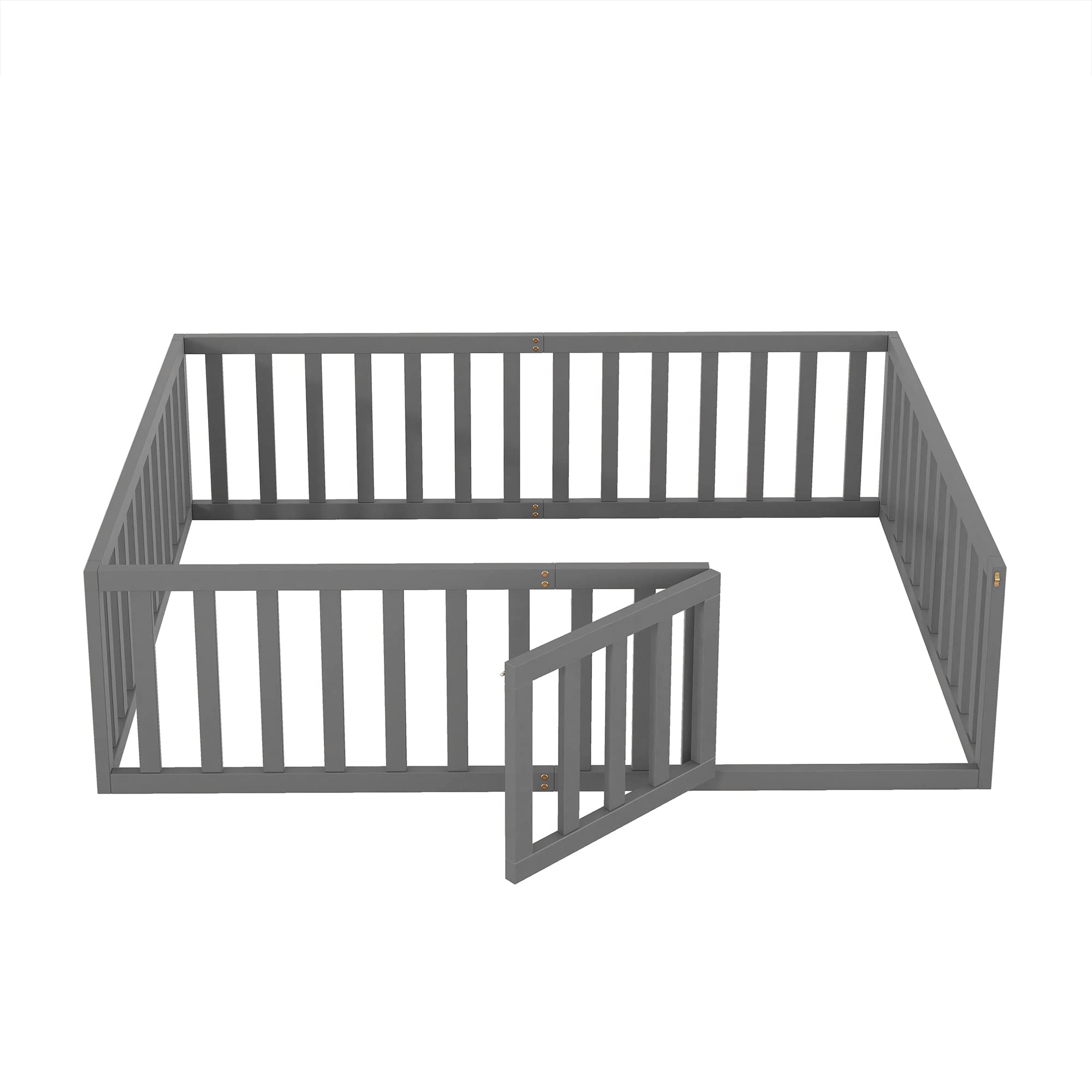 Bellemave Full Size Wooden Montessori Bed Frame for Kids with Fence-Shaped Guardrails & Door - Gray - Safe Toddler Bed for Daycare, Nursery & Children's Bedroom