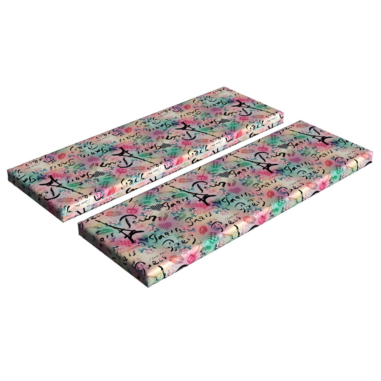 Ambesonne Paris Bench Cushion Set of 2 - French Floral Rose Checkered Hearts Design, Standard Size 45