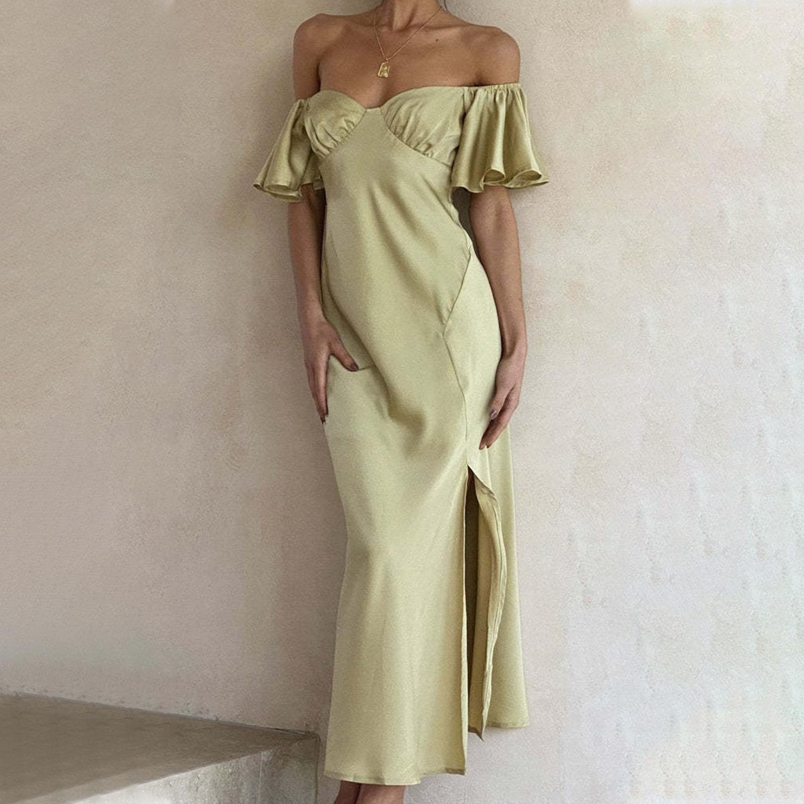 NATHGAM Women's Elegant Satin Off Shoulder Cocktail Dress with Butterfly Sleeves & Side Slit - Perfect for Summer Weddings, Formal Events & Prom Nights