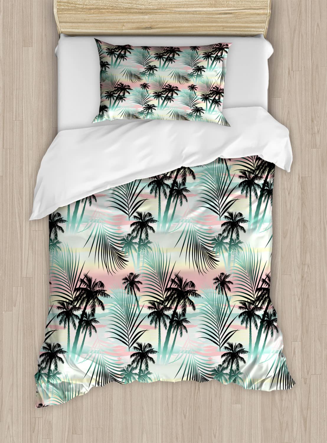 Ambesonne Hawaii Duvet Cover Set - Tropical Palm Trees & Exotic Fern Leaves Abstract Design, Vibrant Almond Green Bedding Set with 2 Duvet Covers & 2 Pillowcases, Twin Size 2-Pack - Perfect for Beach House Decor, Summer Bedroom Refresh & Tropical Themed Guest Rooms
