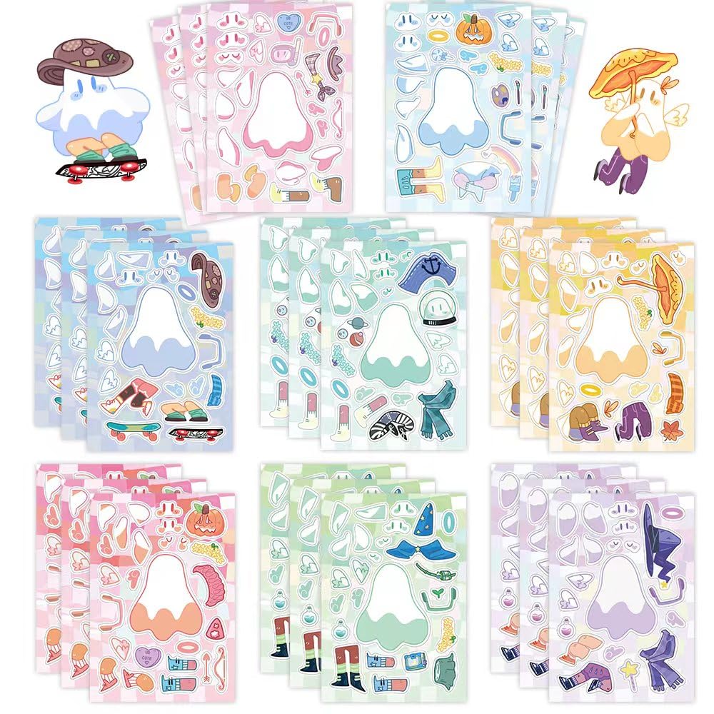 32 Sheet DIY Cute Ghost Stickers for Kids - Make Your Own Face Stickers - Fun Halloween, Birthday Party Supplies & Creative Gifts for Boys and Girls - Perfect for Scrapbooking, School Projects & Party Favors