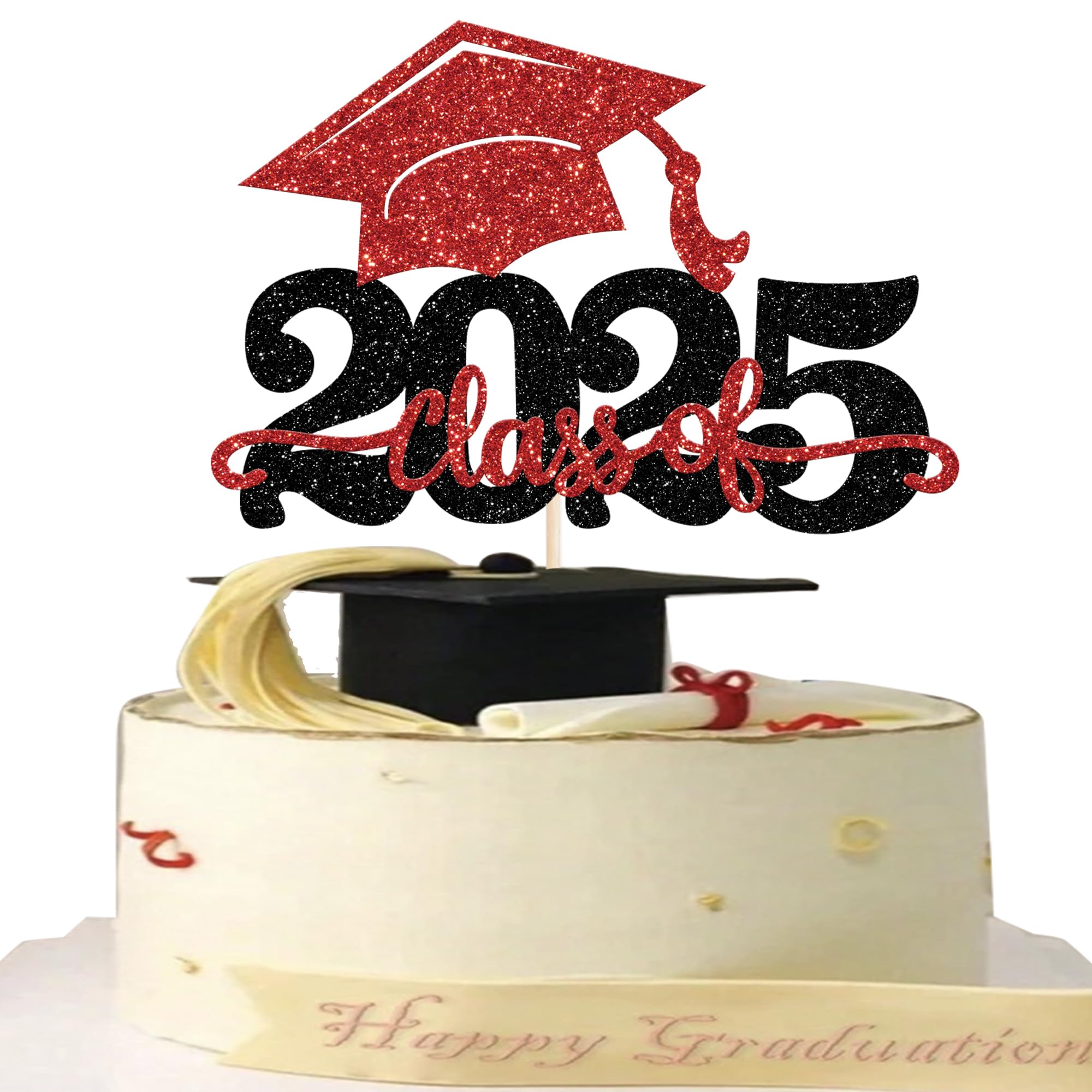 Class of 2025 Graduation Cake Topper - Glitter Congrats Grad Cap Decor for High School Boys & Girls - Black & Red Cake Picks - Perfect for 2025 Graduation Party, Cake Decorations & Celebration Supplies