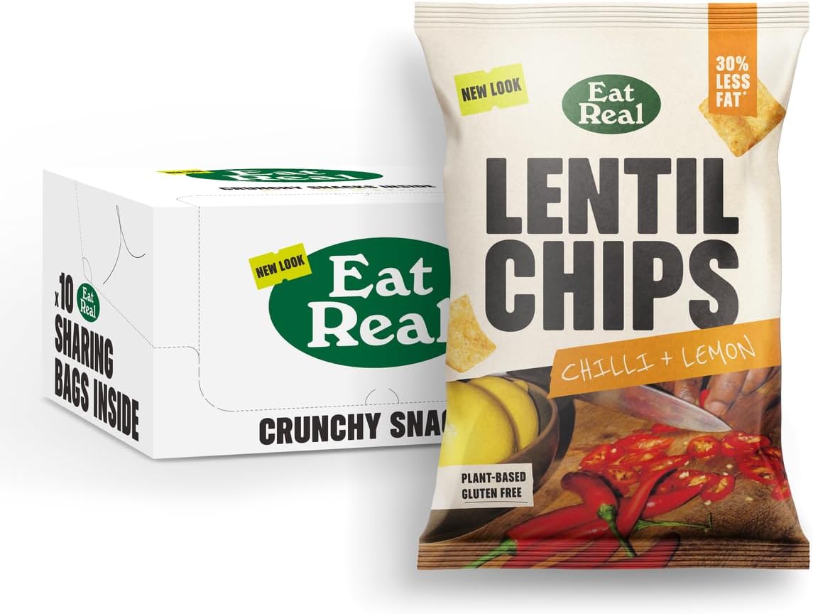 Eat Real Lentil Chips 10 Pack (95g Each) – Vegan, Gluten Free, Low Fat Healthy Snacks | Crunchy Plant-Based Protein Chips for Parties, Picnics & On-the-Go Snacking