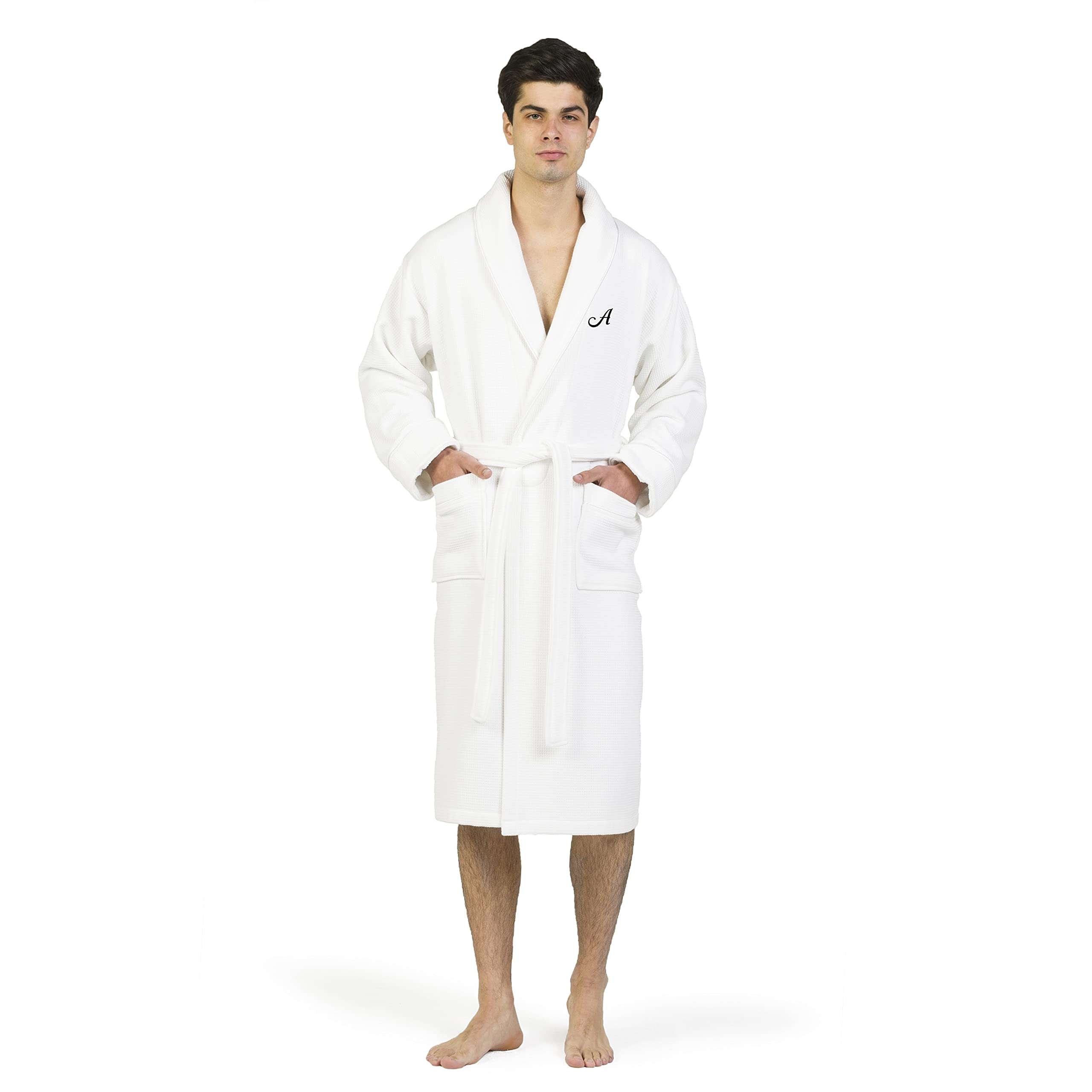 Premium Unisex White Turkish Cotton Waffle Weave Bathrobe with Black Monogram - Soft & Absorbent Terry Cloth Robe for Spa, Hotel & Home Relaxation (Size S/M)
