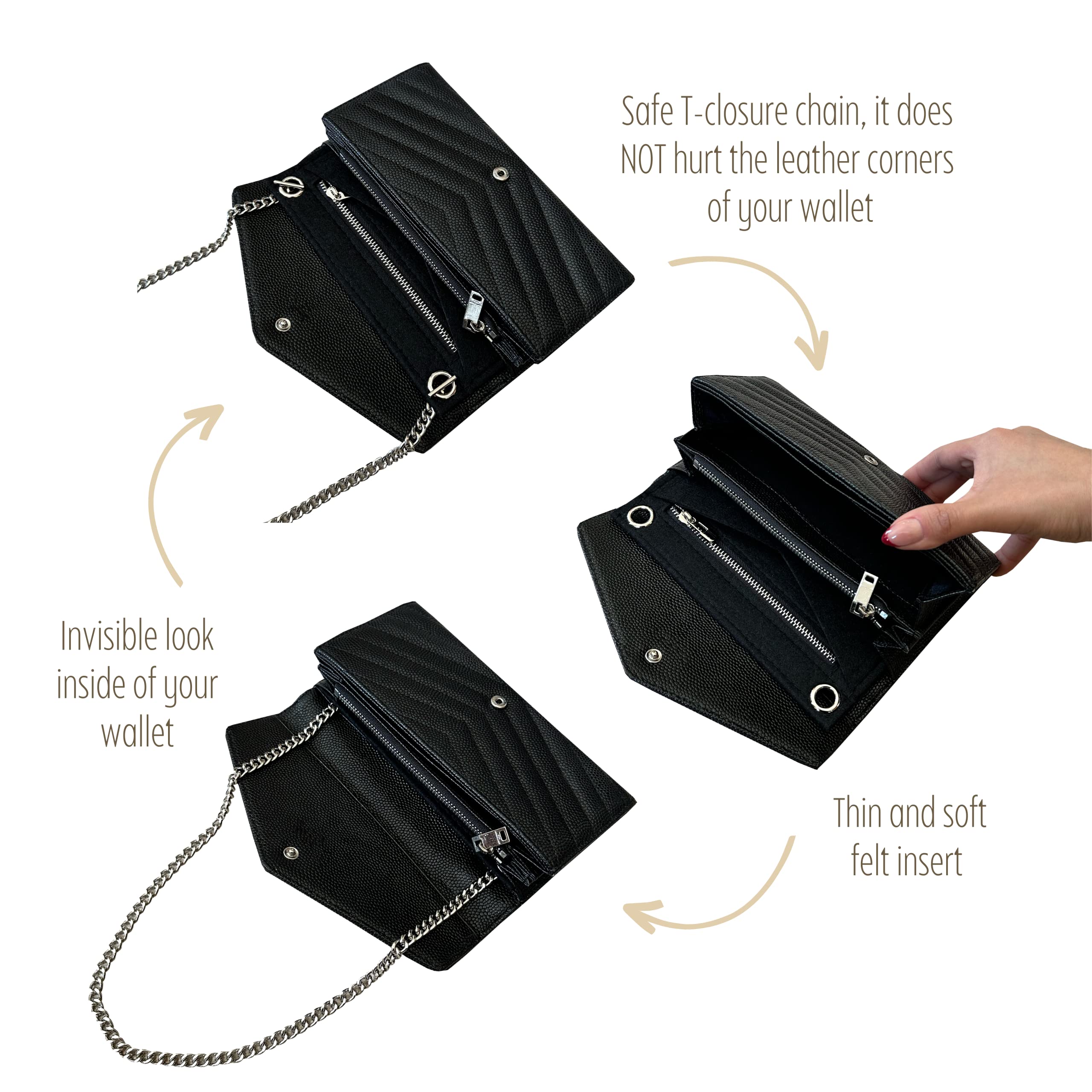 Cassandre Large Flap Wallet with 120cm Silver Chain - Convertible Card Holder & Crossbody Bag Insert - Black Matelasse Leather WOC (Perfect for Travel, Shopping & Everyday Use)