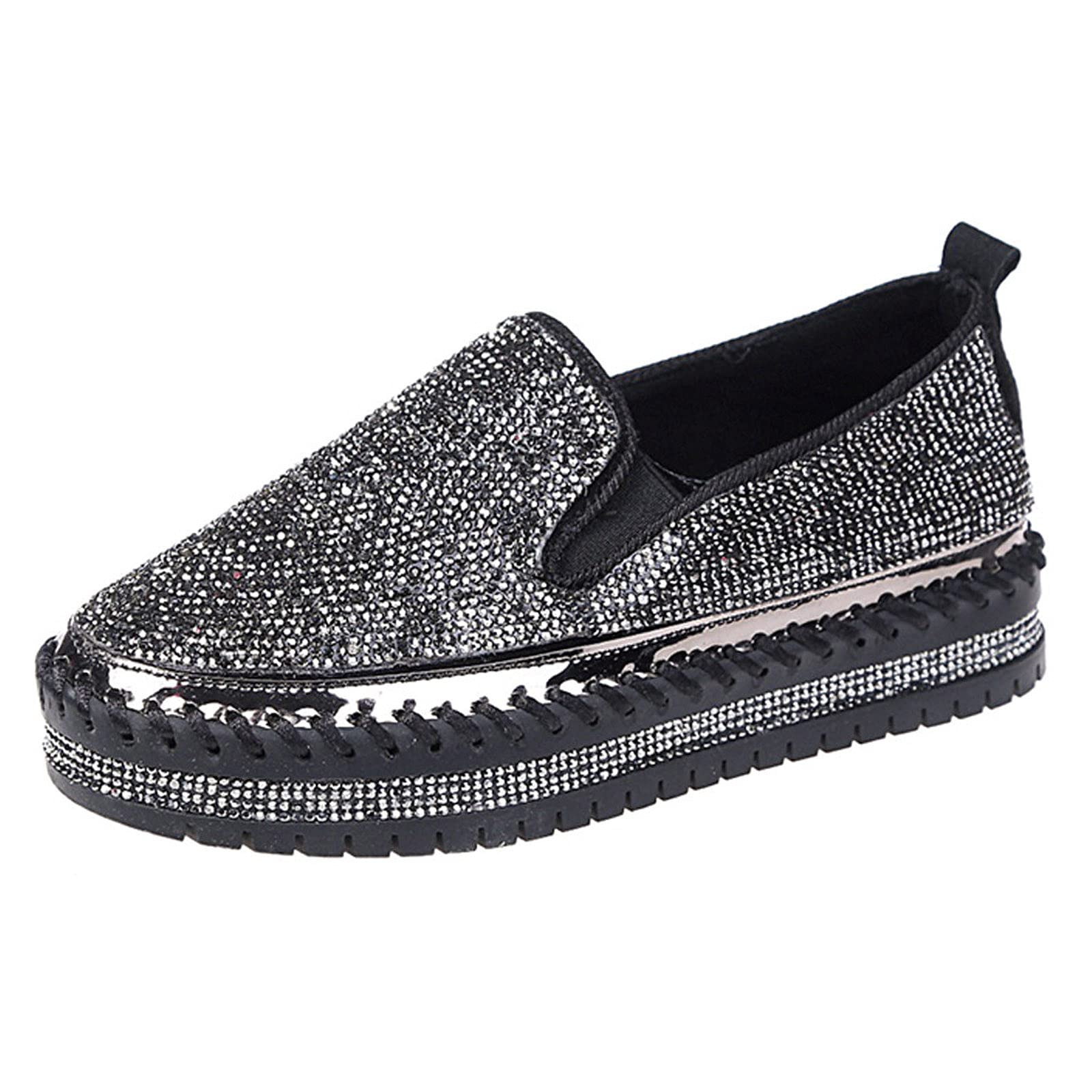 Women's Rhinestone Platform Slip-On Sneakers - Round Toe Low Cut Thick Sole Slip On Shoes for Walking, Skating & Casual Wear | Comfortable Flats with Sparkly Embellishments for Everyday Fashion
